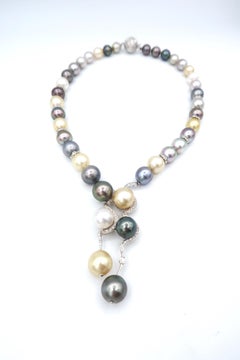 Multicolour South Sea and Tahitian Pearl Necklace with Diamond Embellishment