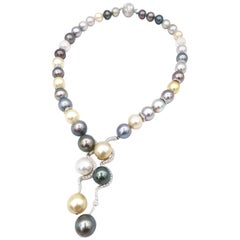 Multicolour South Sea and Tahitian Pearl Necklace with Diamond Embellishment