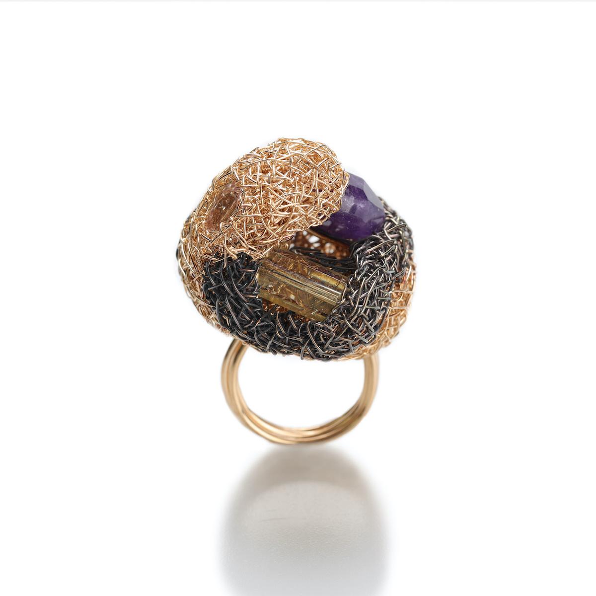 14 Karat Yellow Gold Unique Statement Contemporary Cocktail Ball Ring