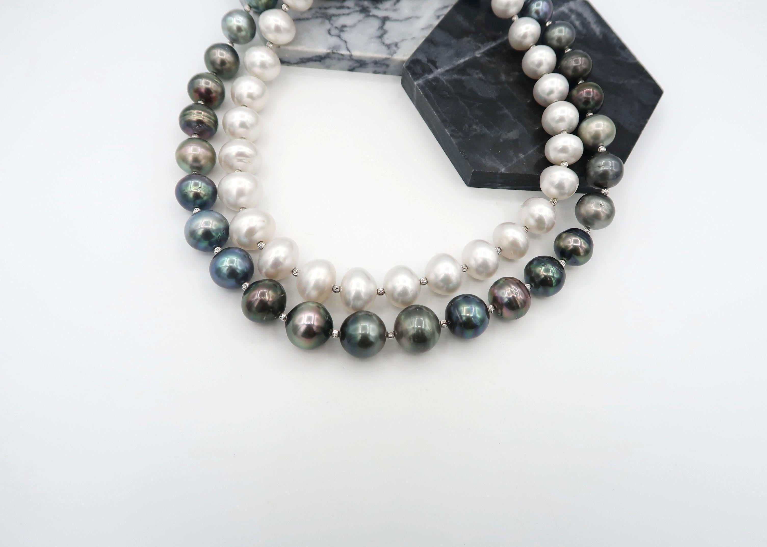 Multicolour Tahitian Pearl Necklace with Faceted 18k White Gold Beads For Sale 1