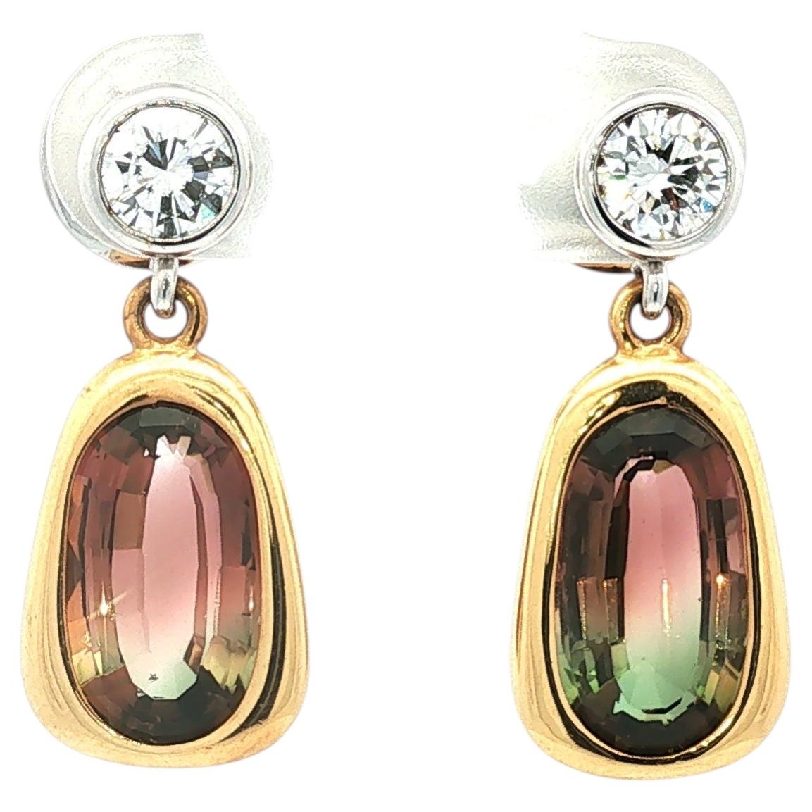Multicolour Tourmaline Earrings in 18k Yellow and White Gold