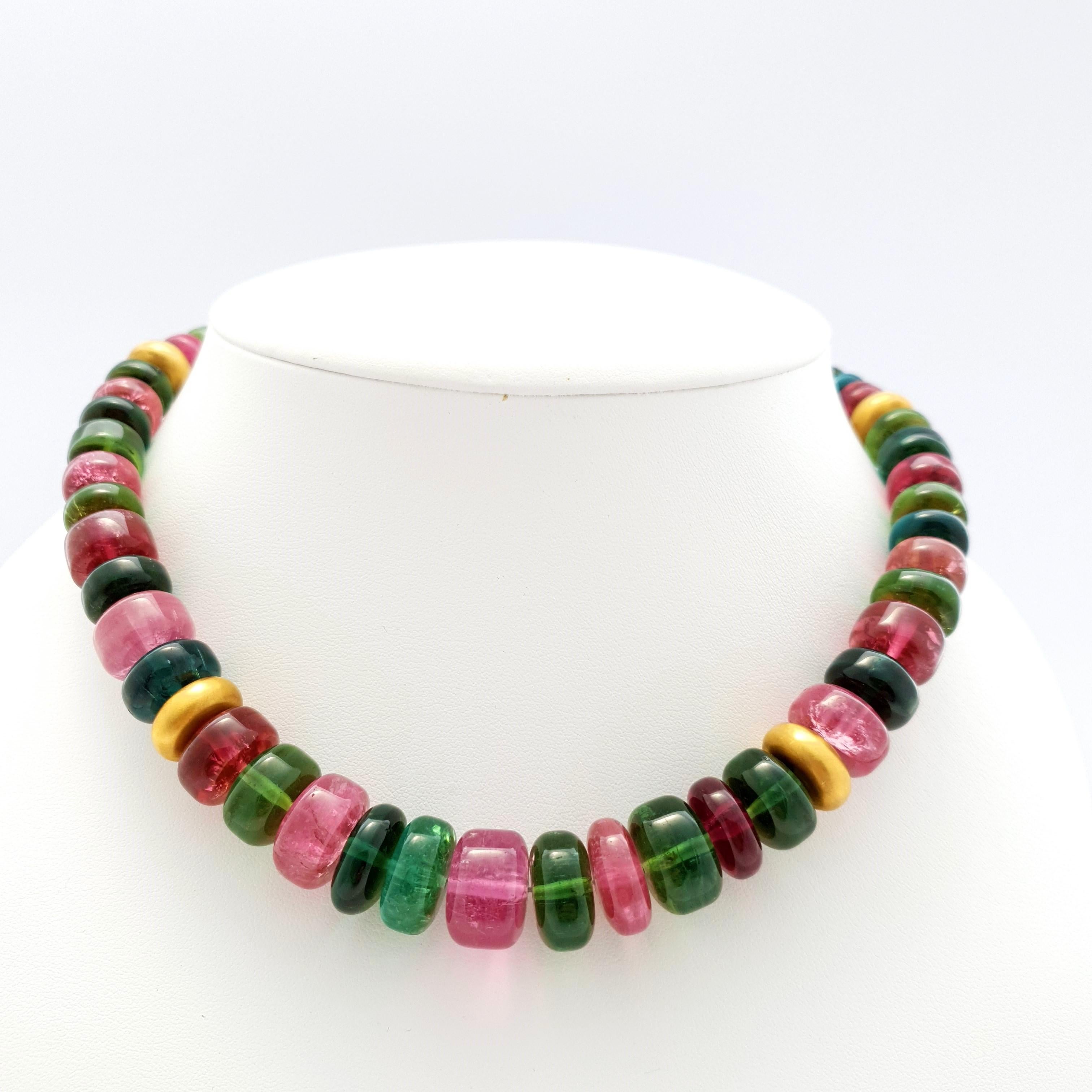 This Natural Multicolour Tourmaline Rondel Beaded Necklace with 18 Carat Mat Yellow Gold is totally handmade. Cutting as well as goldwork are made in German quality. The screw clasp is easy to handle and very secure. The colorful tourmalines go very