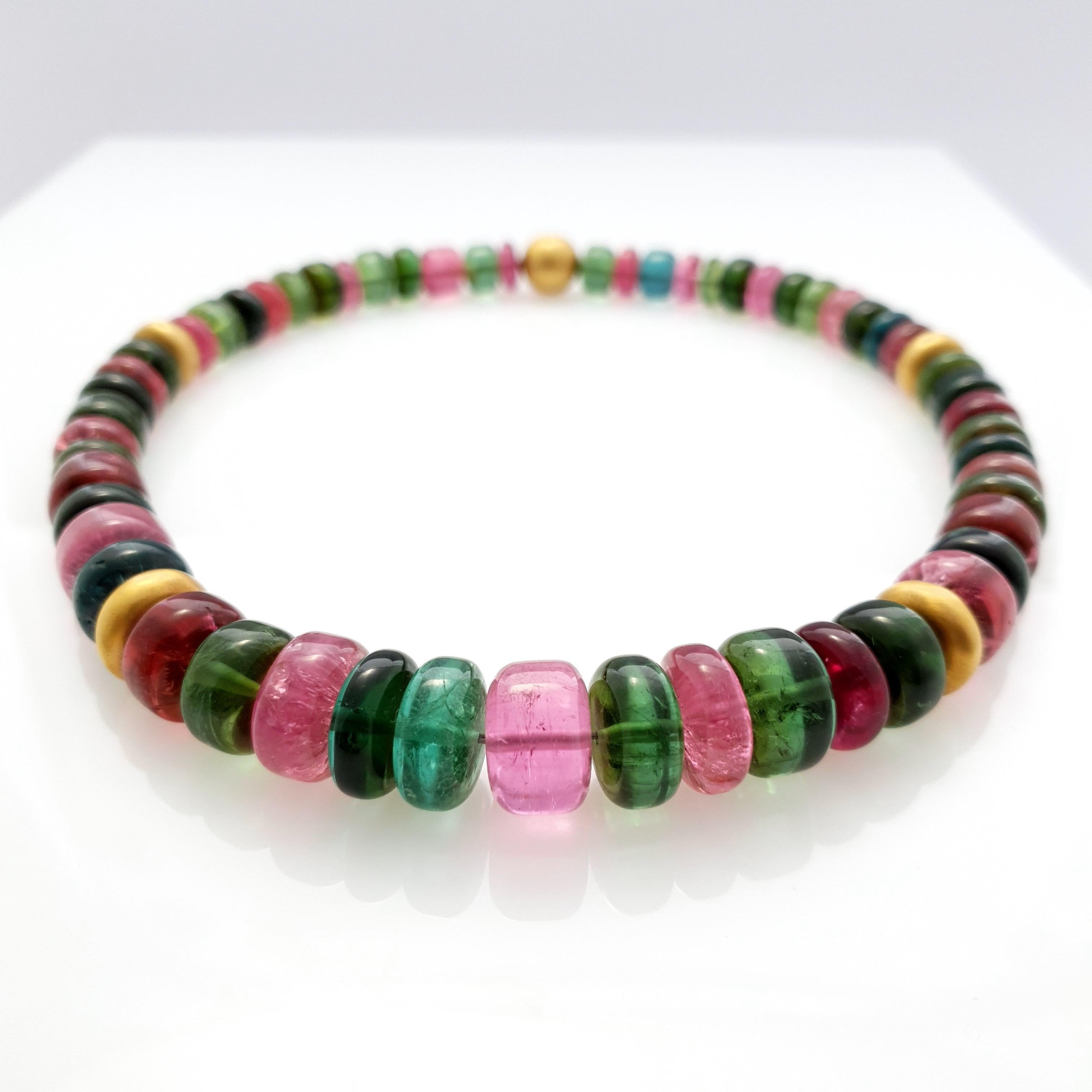 Arts and Crafts Multicolour Tourmaline Rondel Beaded Necklace with 18 Carat Mat Yellow Gold