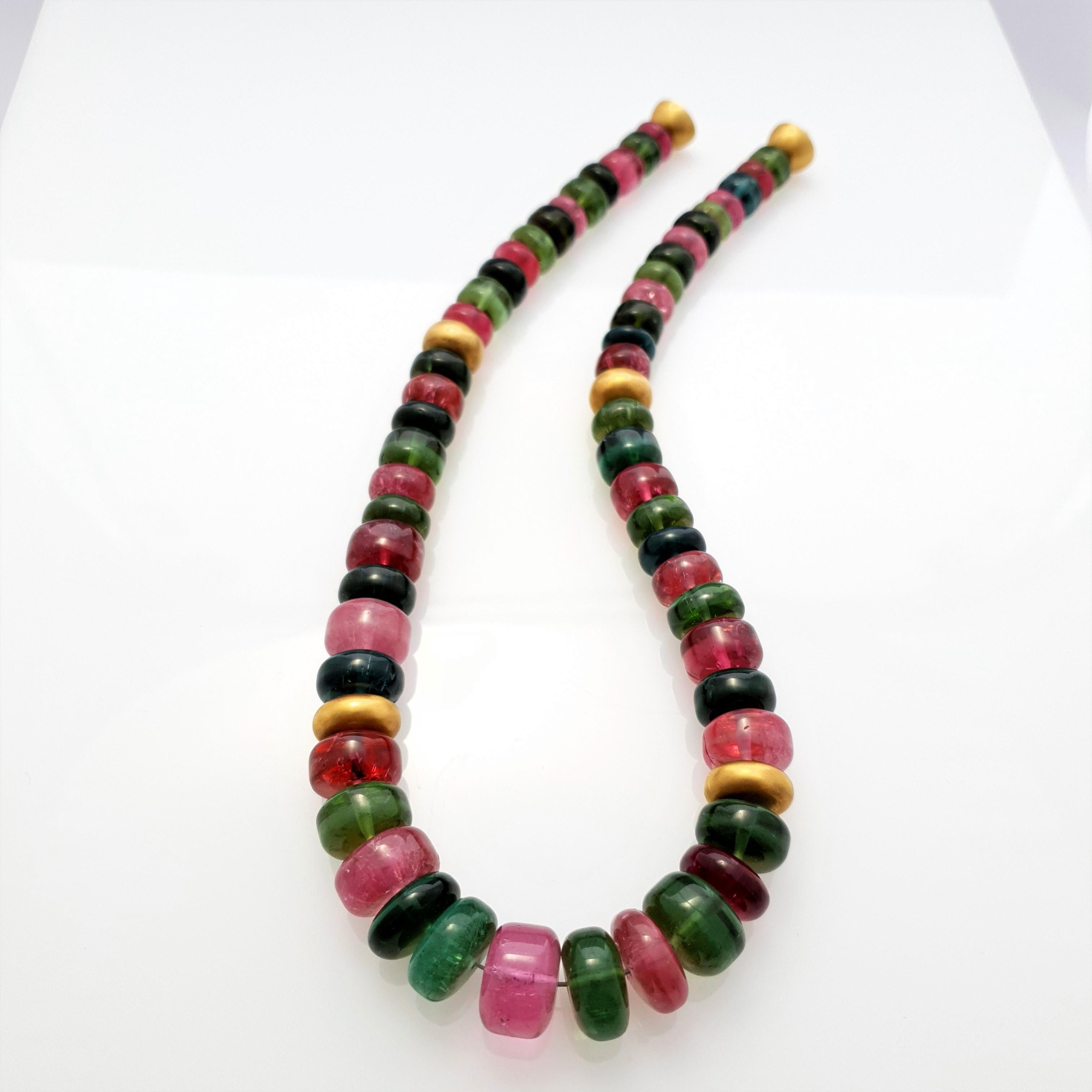 Women's Multicolour Tourmaline Rondel Beaded Necklace with 18 Carat Mat Yellow Gold