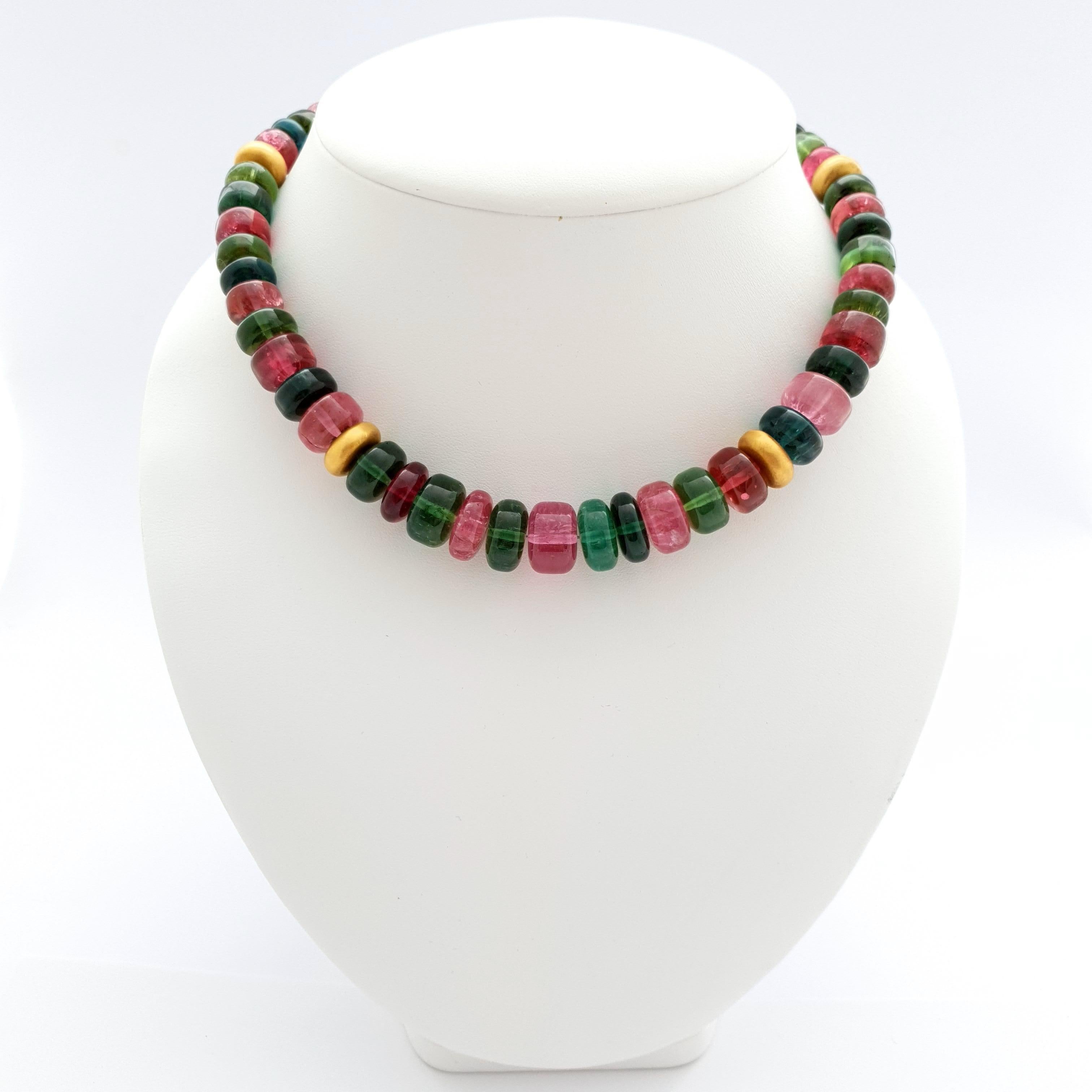 Multicolour Tourmaline Rondel Beaded Necklace with 18 Carat Mat Yellow Gold 1