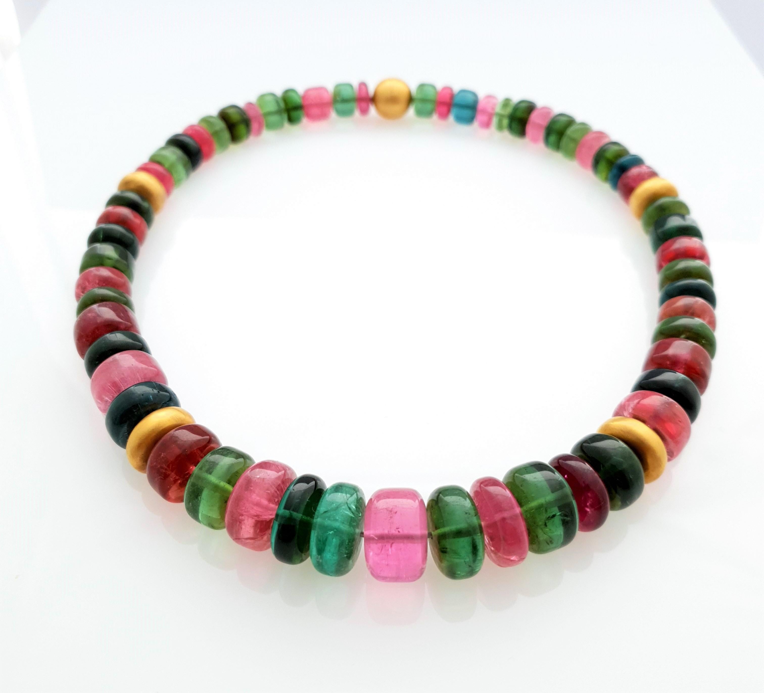 Multicolour Tourmaline Rondel Beaded Necklace with 18 Carat Mat Yellow Gold 2