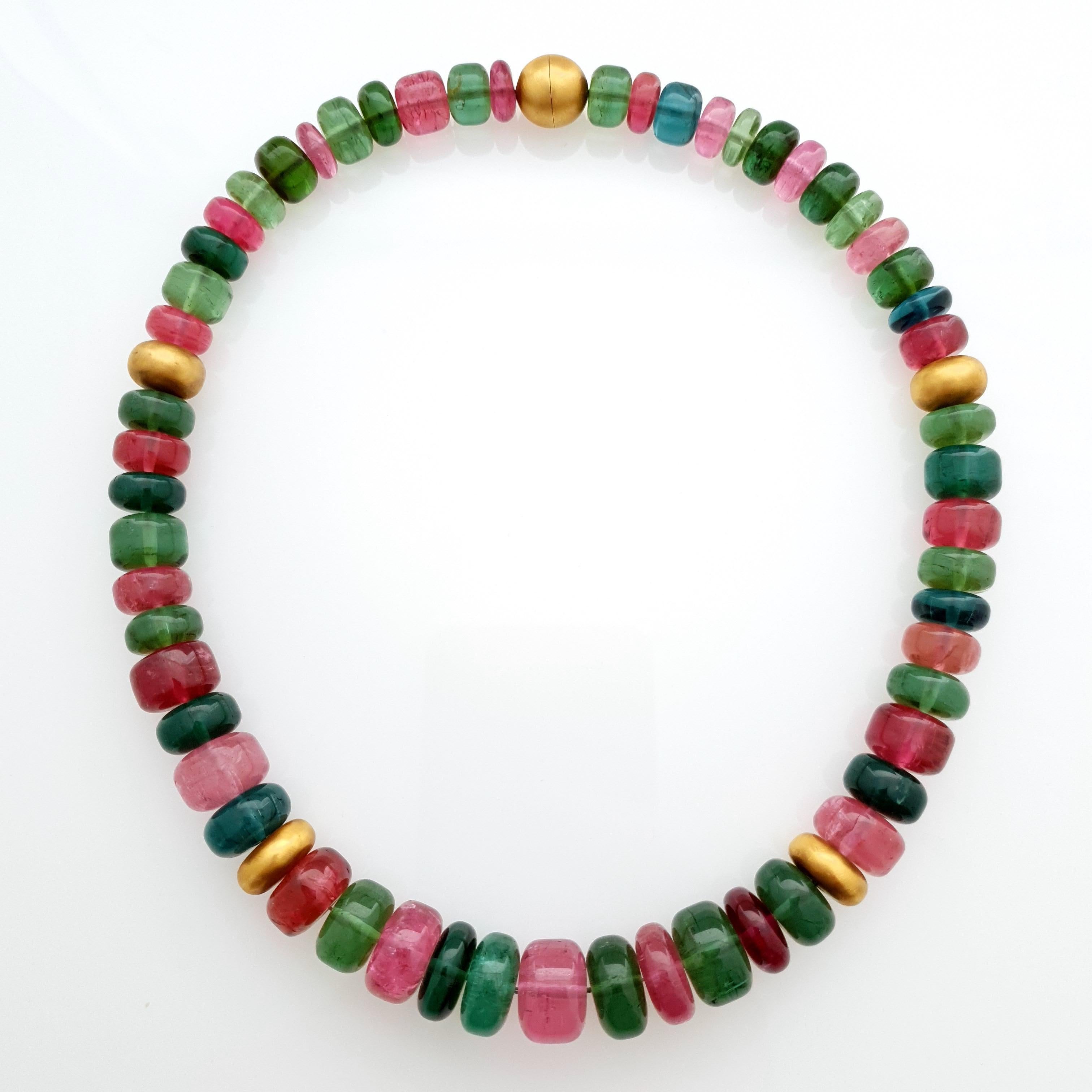 Multicolour Tourmaline Rondel Beaded Necklace with 18 Carat Mat Yellow Gold 3