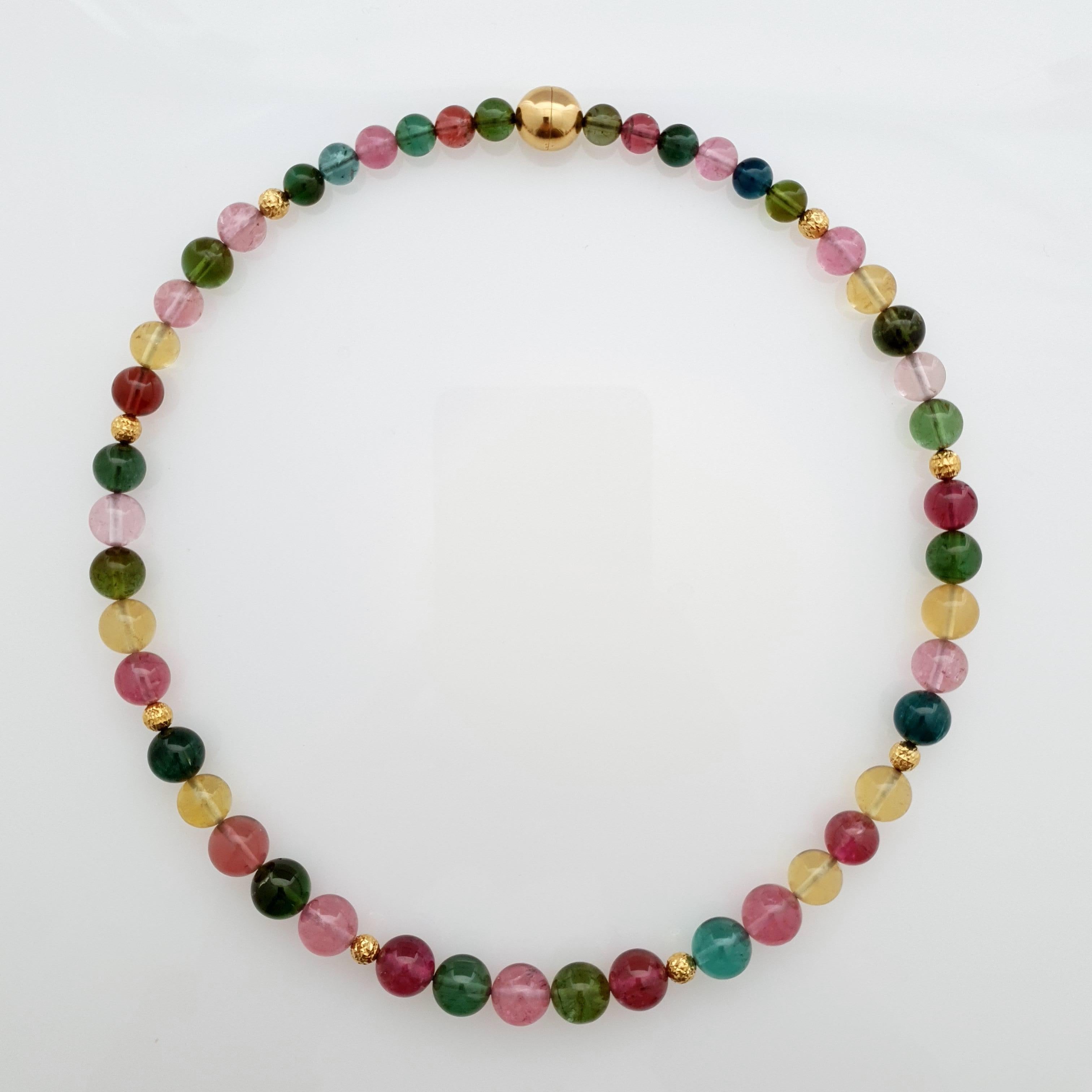 Arts and Crafts Multicolour Tourmaline Round Beaded Necklace with 18 Carat Yellow Gold For Sale