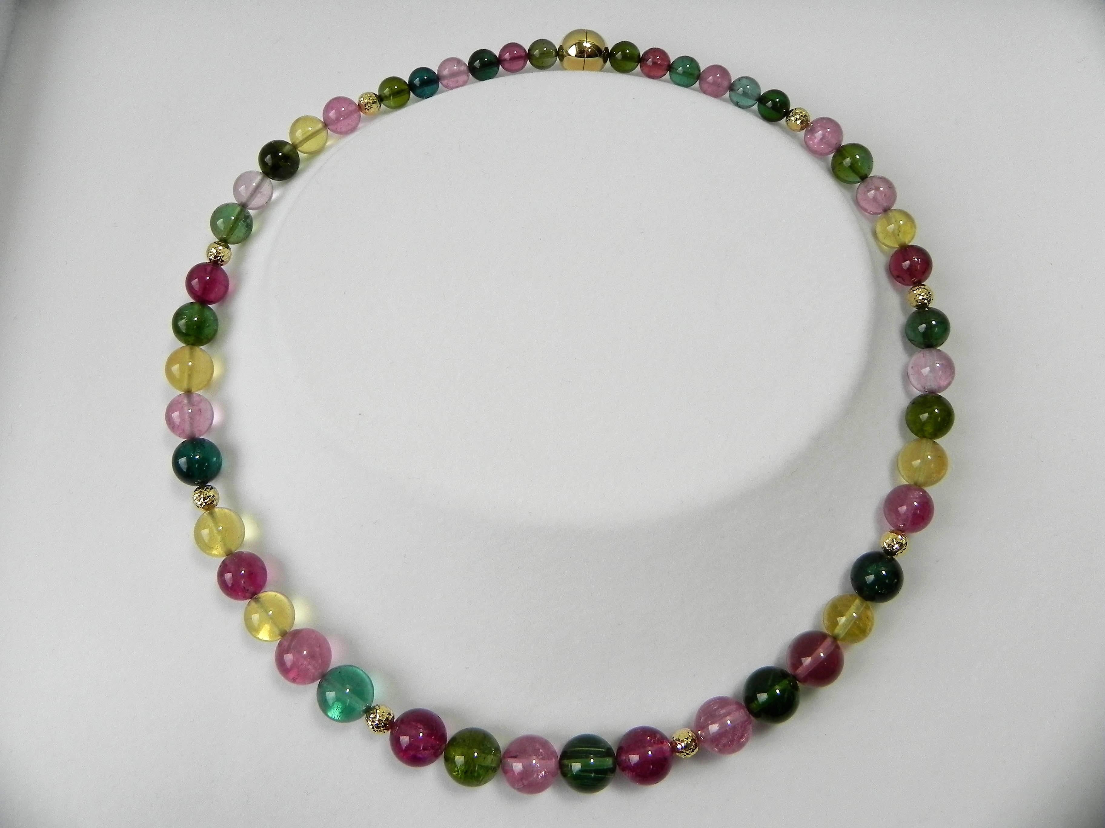 Women's Multicolour Tourmaline Round Beaded Necklace with 18 Carat Yellow Gold For Sale