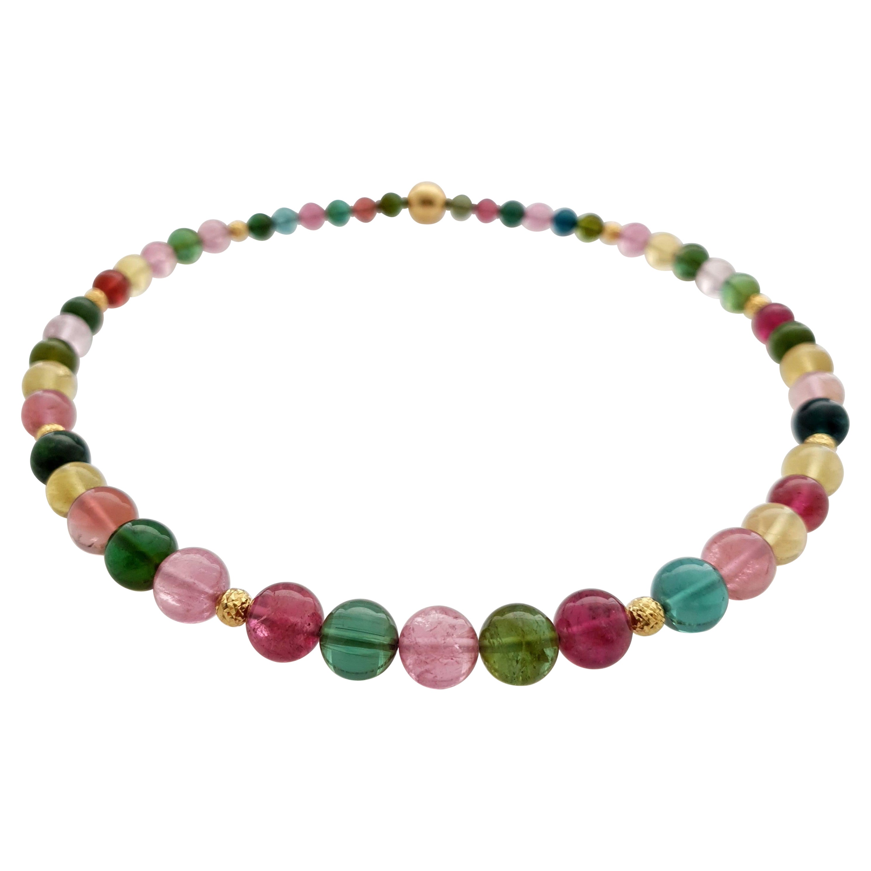 Collar de Cuentas Redondas de Turmalina Multicolor con Oro Amarillo de 18 Quilates