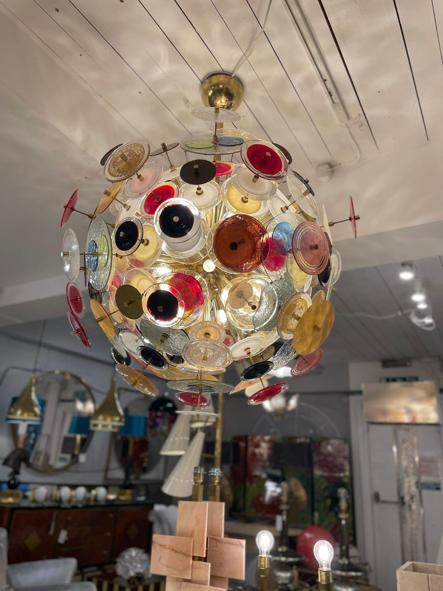 Brass Multicoloured Chandelier in Murano Glass, Italy 1980s For Sale
