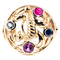 Multicoloured Round Gemstone Contemporary 14 Carat Yellow Gold Motif Ring