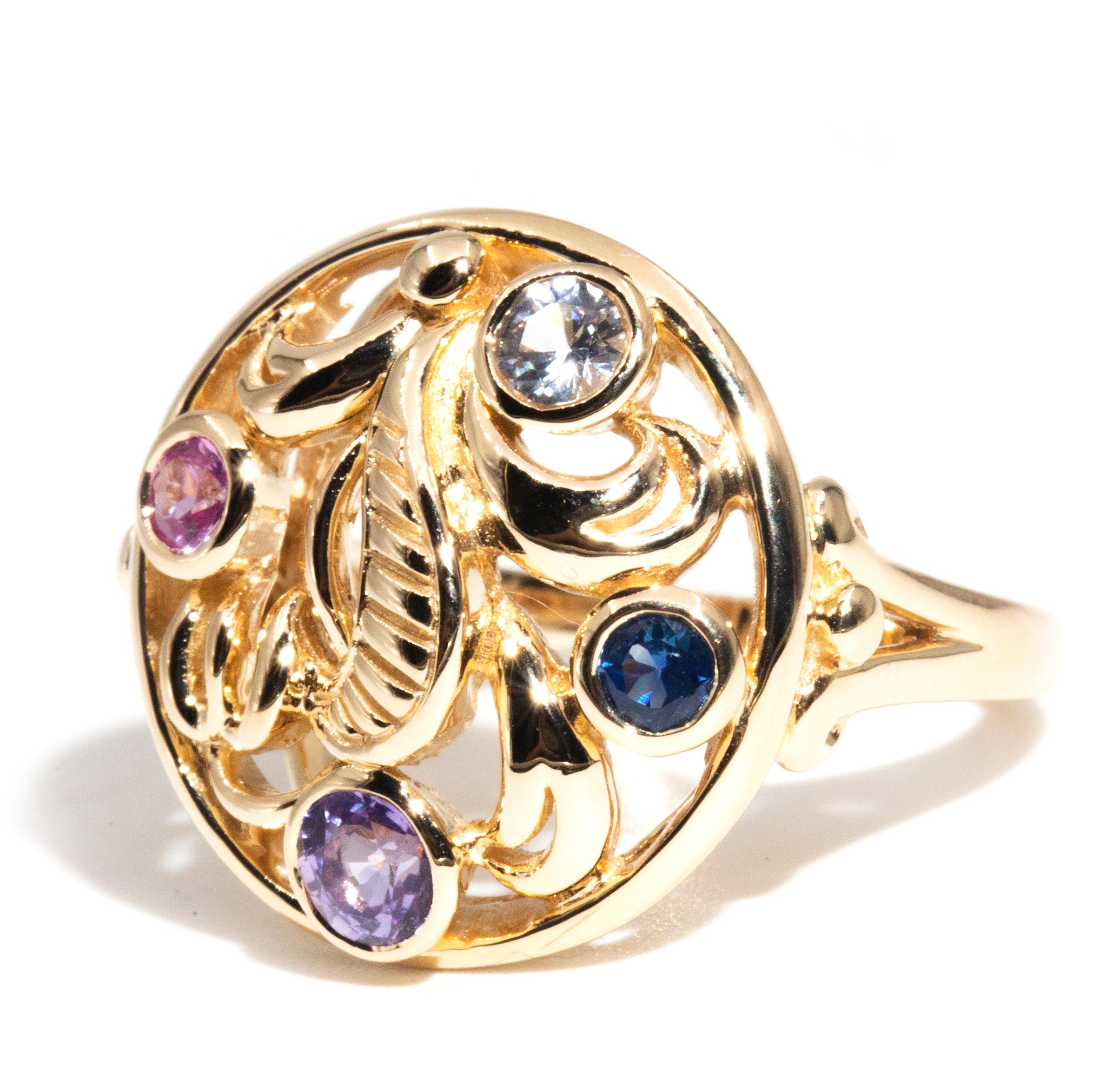 Multicoloured Round Sapphire Contemporary 14 Carat Yellow Gold Motif Ring 6