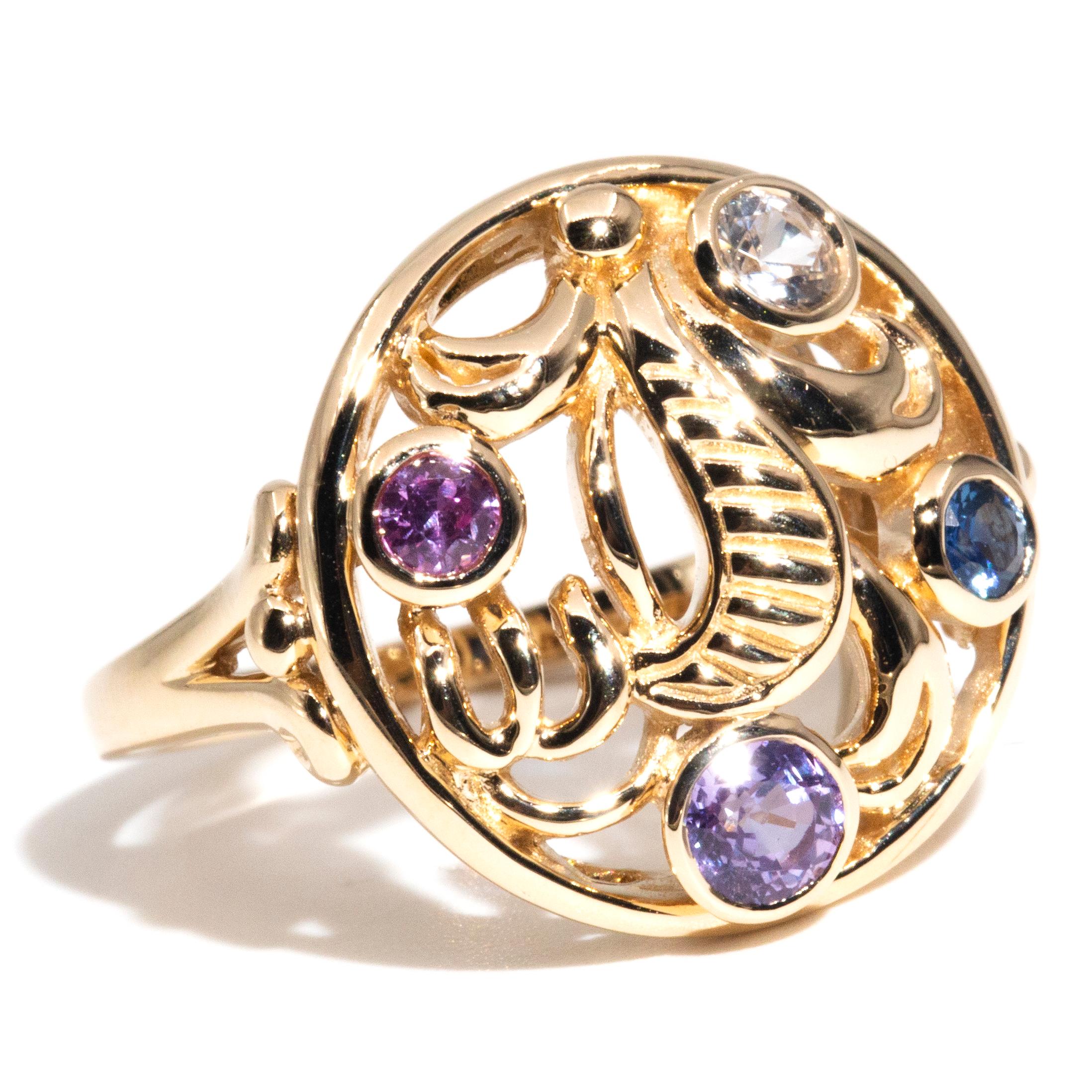 Round Cut Multicoloured Round Sapphire Contemporary 14 Carat Yellow Gold Motif Ring