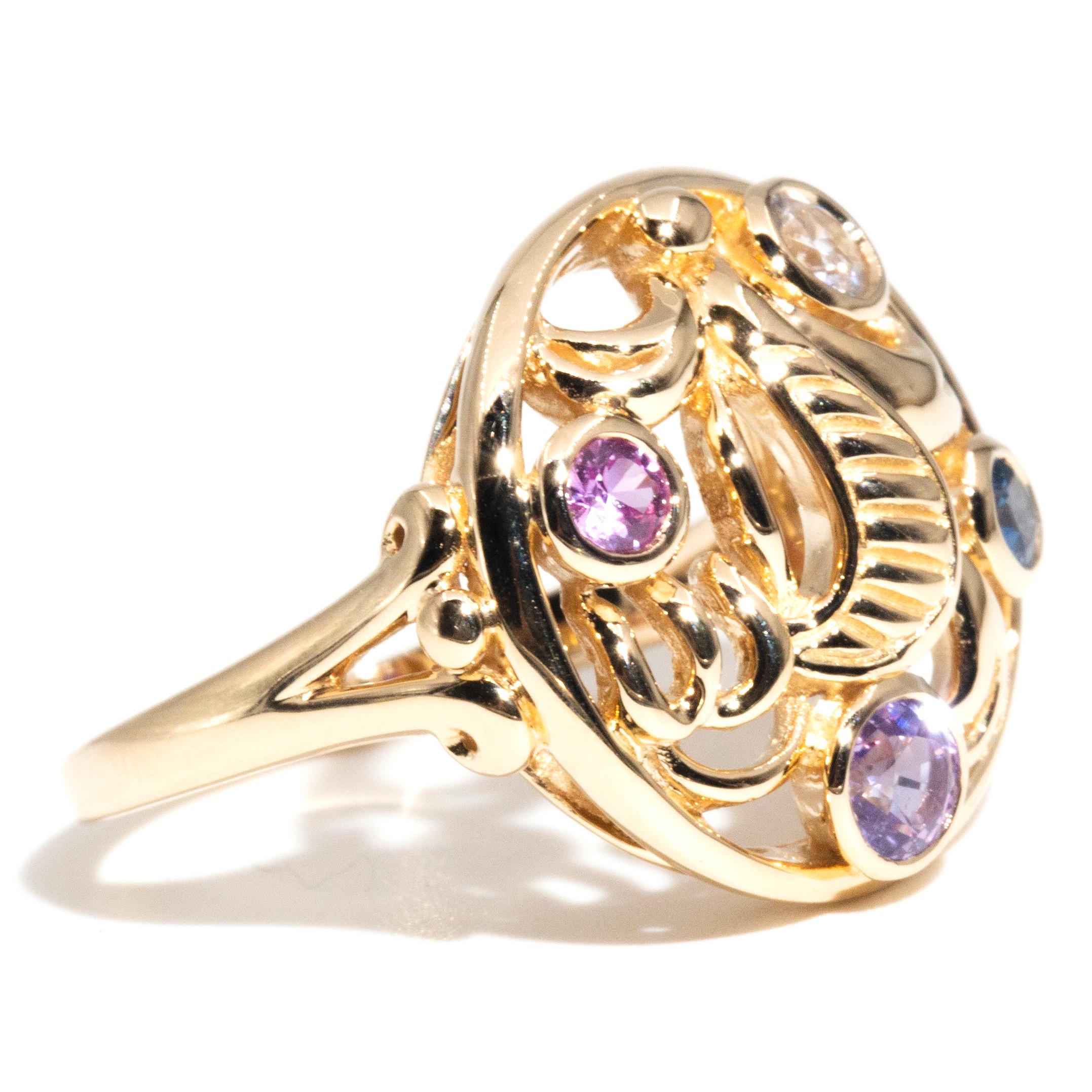 Women's Multicoloured Round Sapphire Contemporary 14 Carat Yellow Gold Motif Ring