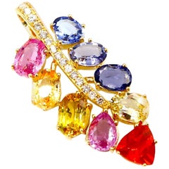 Multicoloured Stone Diamond Locust Leaf 18 Karat Yellow Gold Pendant Necklace