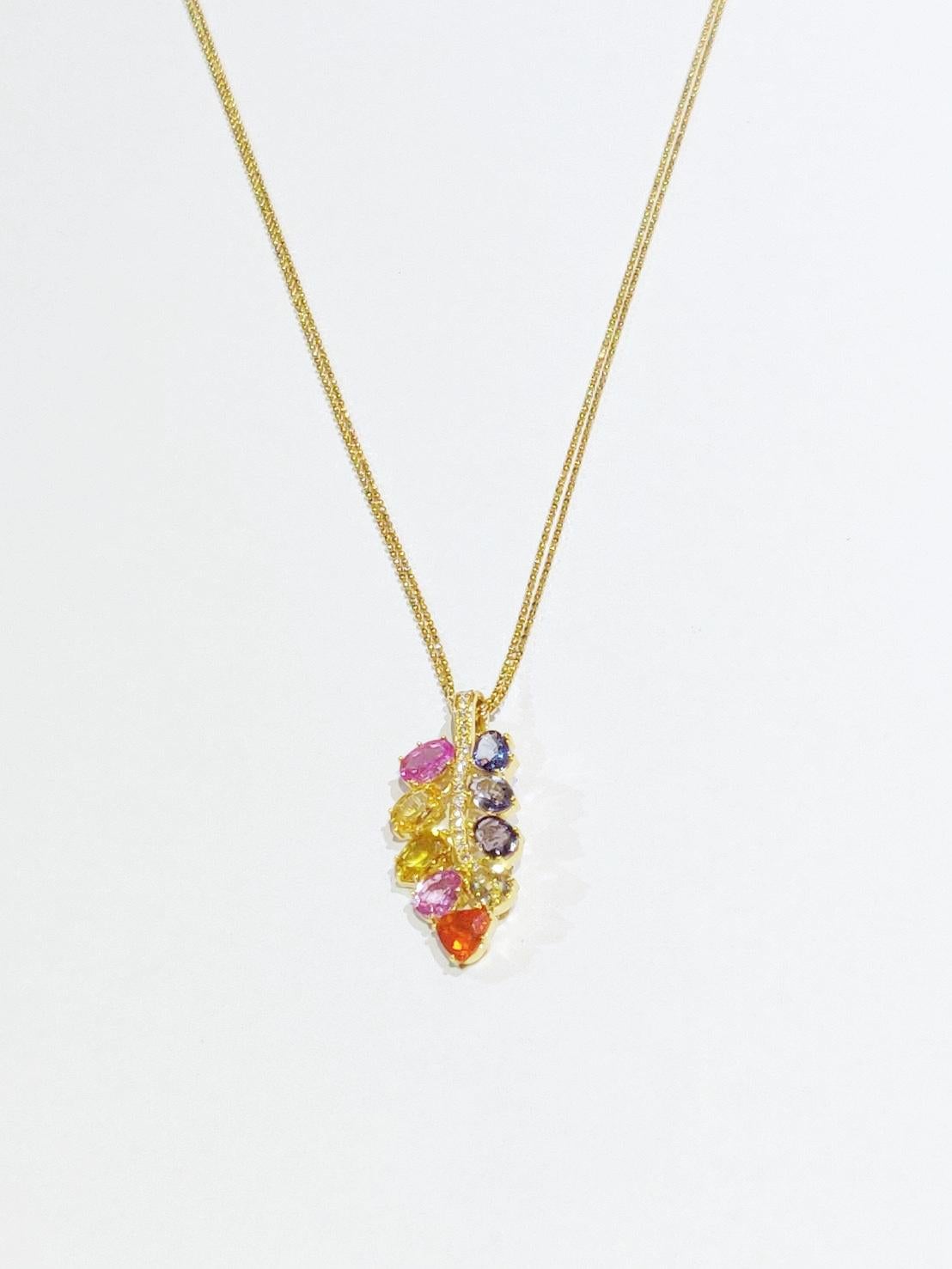 Mixed Cut Multicoloured Stone Diamond Locust Leaf 18 Karat Yellow Gold Pendant Necklace For Sale