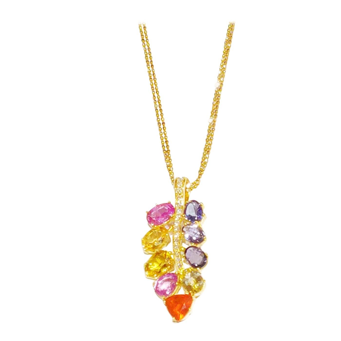 Multicoloured Stone Diamond Locust Leaf 18 Karat Yellow Gold Pendant Necklace For Sale