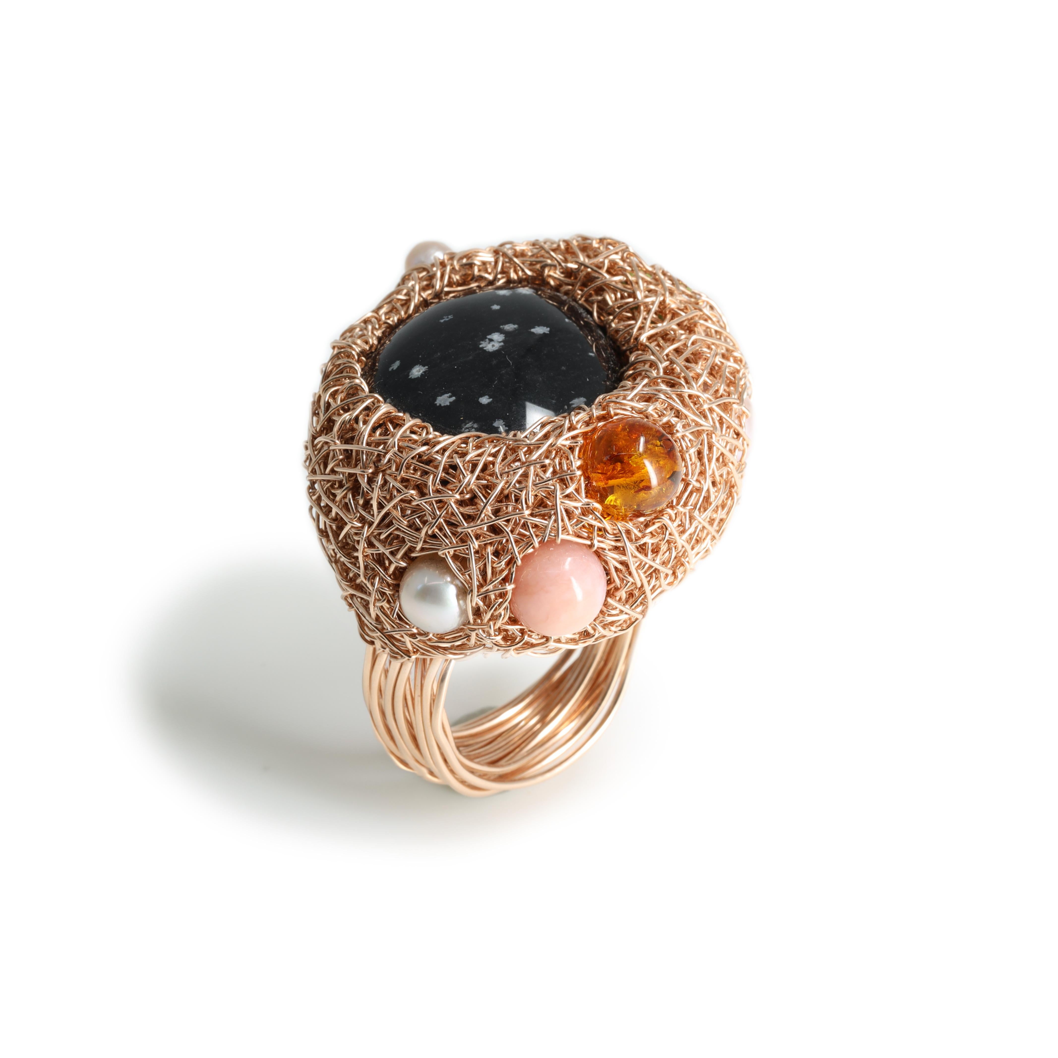 Multicoloured Stone Pearls & Black Obsidian in 14k Rose Gold F Cocktail Ring For Sale 3