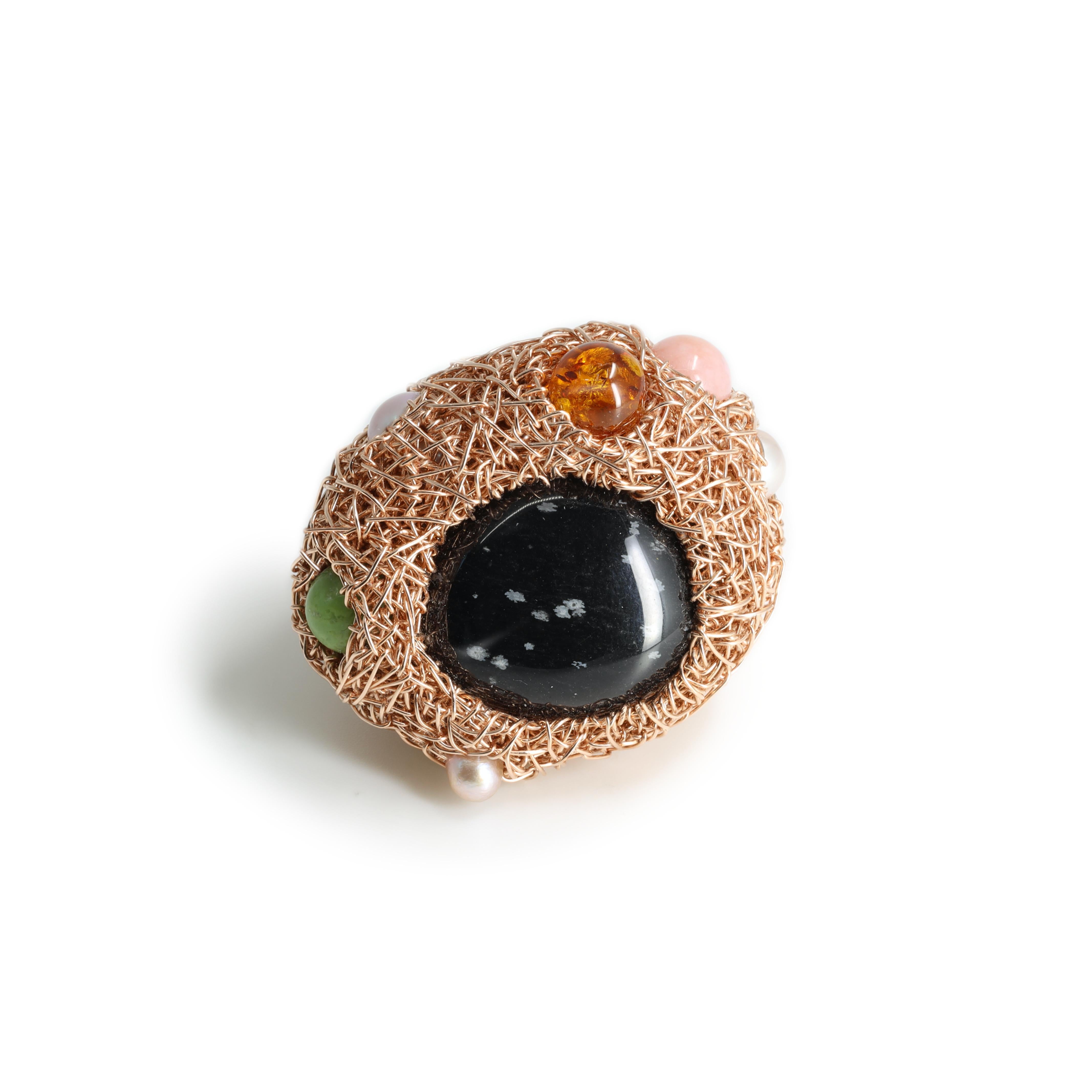 Women's or Men's Multicoloured Stone Pearls & Black Obsidian in 14k Rose Gold F Cocktail Ring For Sale