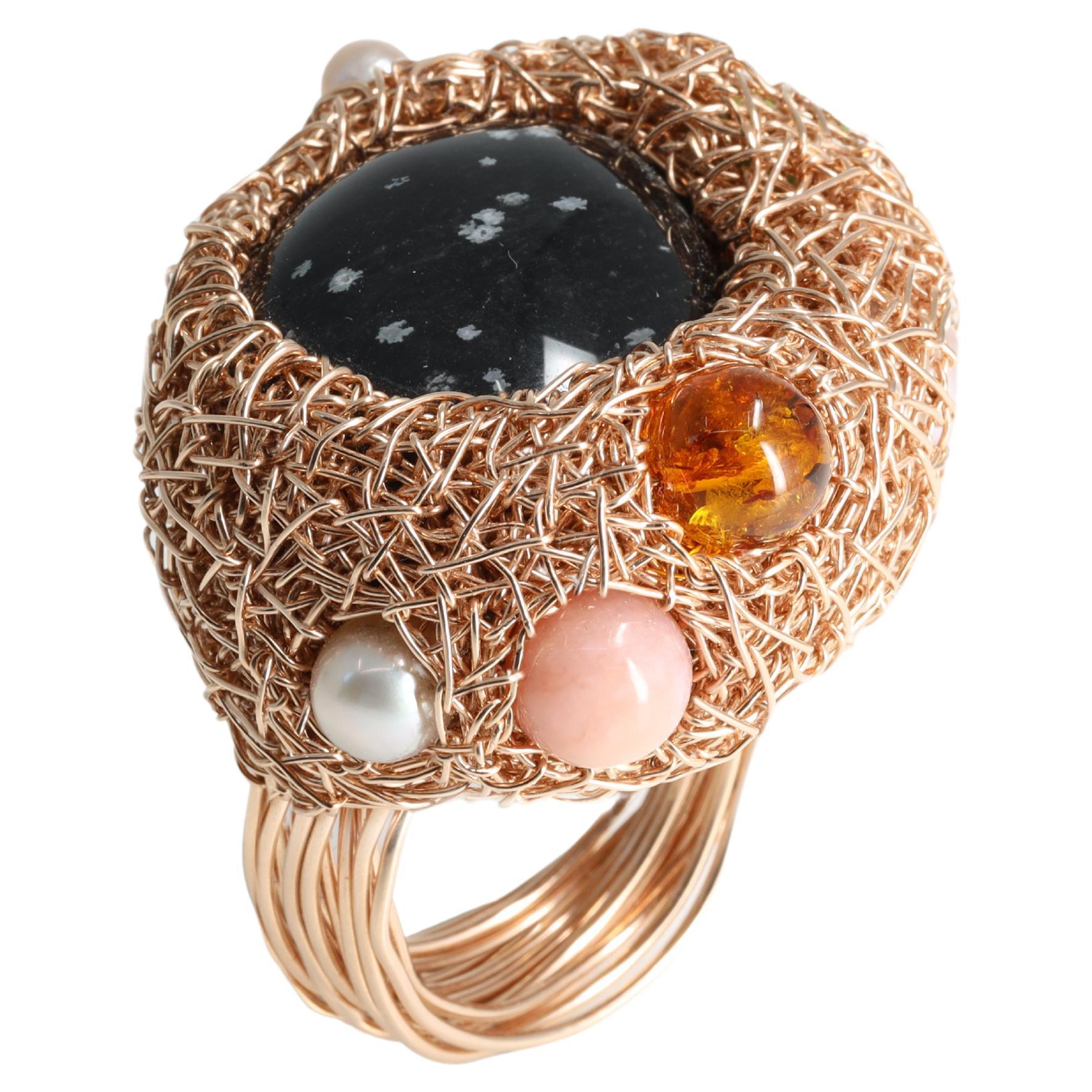 Multicoloured Stone Pearls & Black Obsidian in 14k Rose Gold F Cocktail Ring For Sale