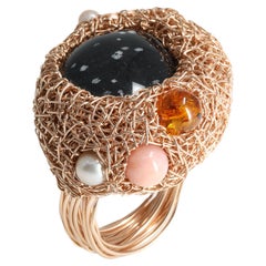 Multicoloured Stone Pearls & Black Obsidian in 14k Rose Gold F Cocktail Ring