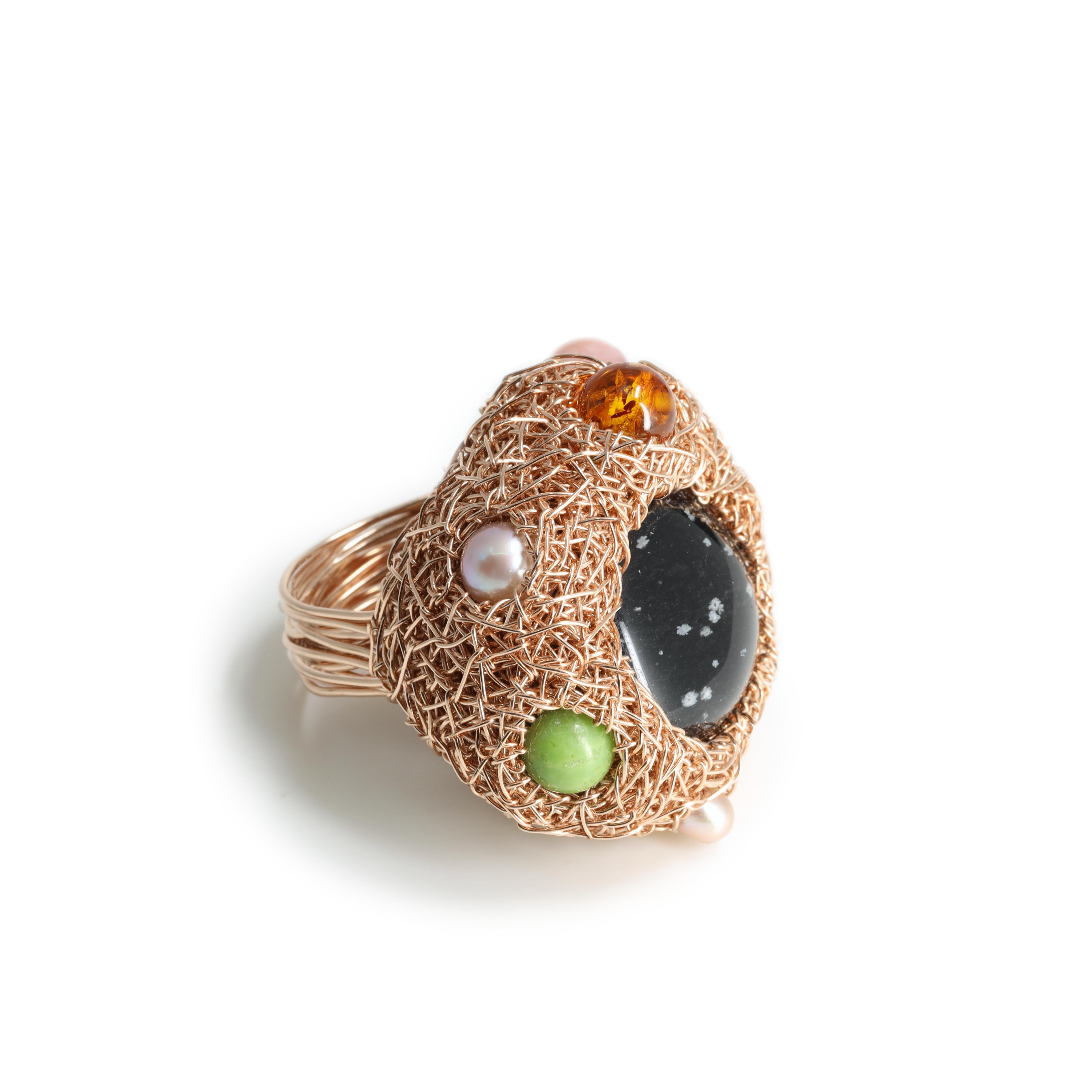 Oval Cut Multicoloured Stone Pearls & Black Obsidian in 14k Rose Gold F Cocktail Ring For Sale
