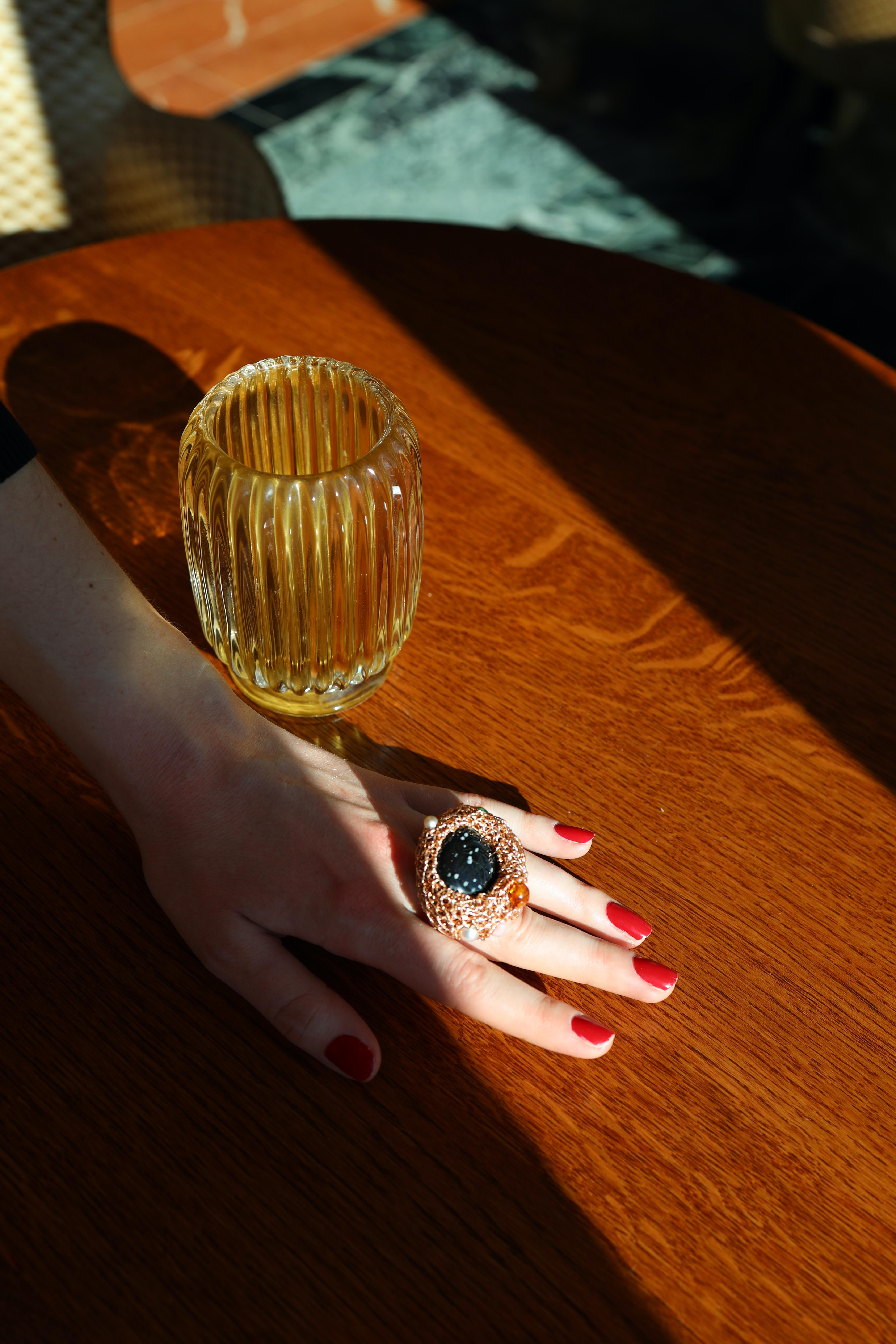 Multicoloured Stone Pearls & Black Obsidian in 14k Rose Gold F Cocktail Ring For Sale 1