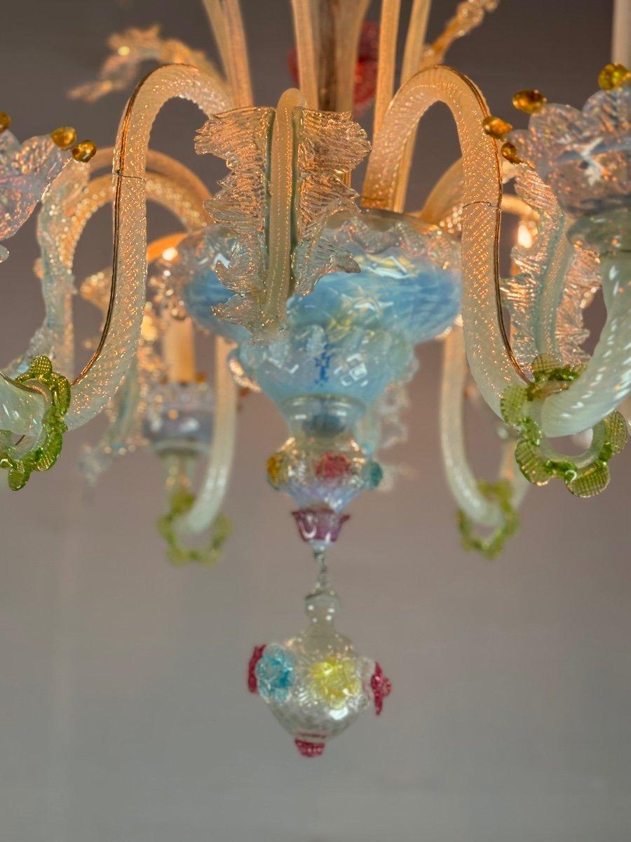 Luigi XV Lampadario multicolore in vetro di Murano, sei bracci luminosi, circa 1920 in vendita