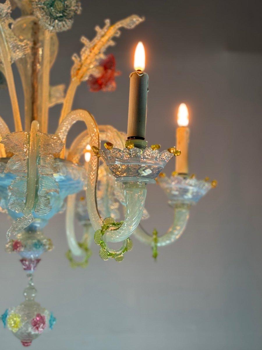 XX secolo Lampadario multicolore in vetro di Murano, sei bracci luminosi, circa 1920 in vendita