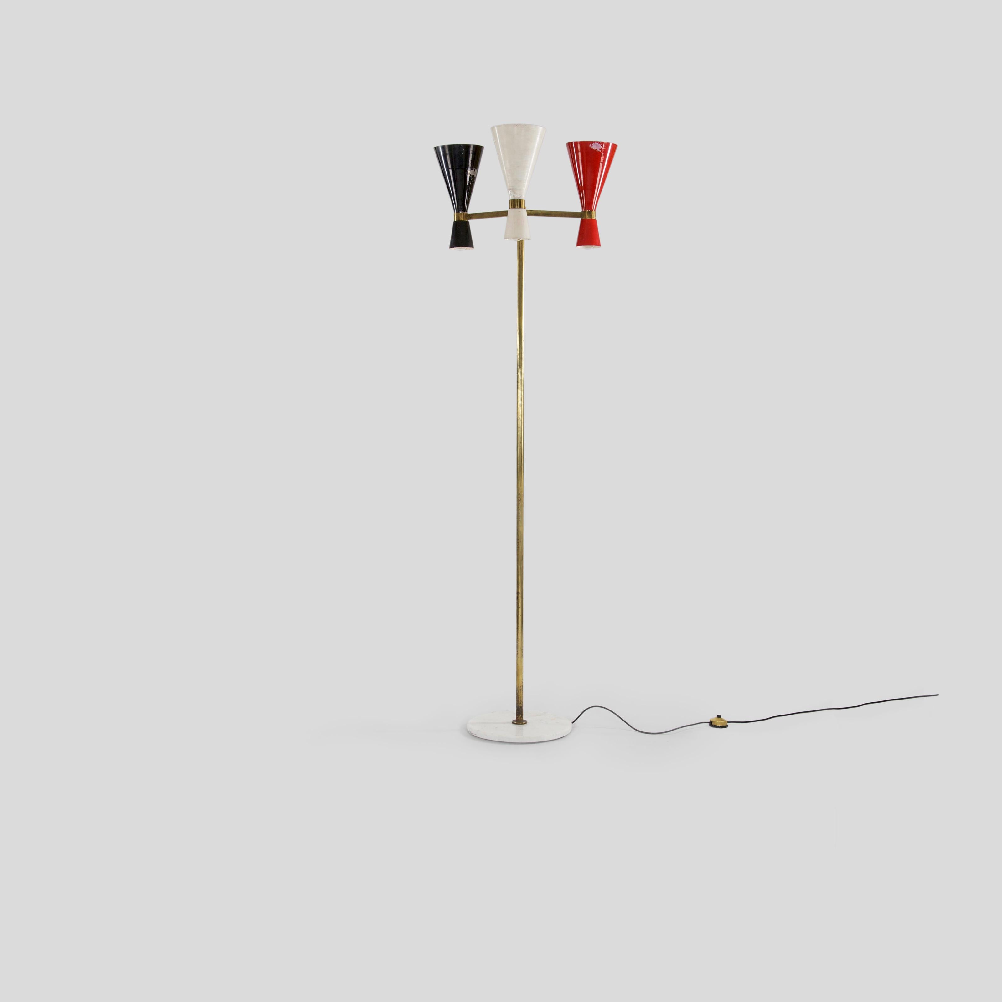 Mid-Century Modern Italian Floor Lamp with Red White Black Colored Metal Shades, Marble Base, 1950s For Sale