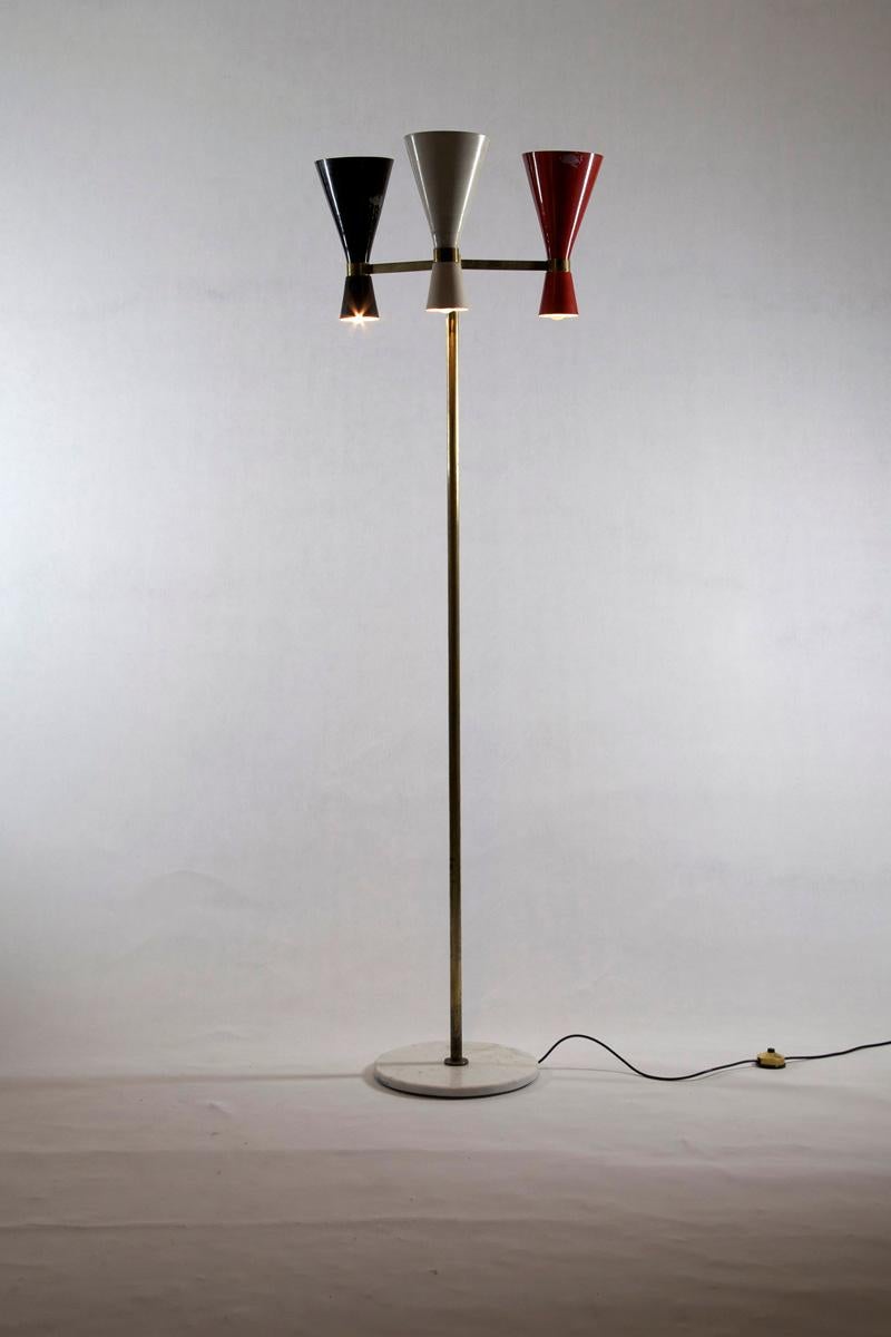 Lacquered Italian Floor Lamp with Red White Black Colored Metal Shades, Marble Base, 1950s For Sale
