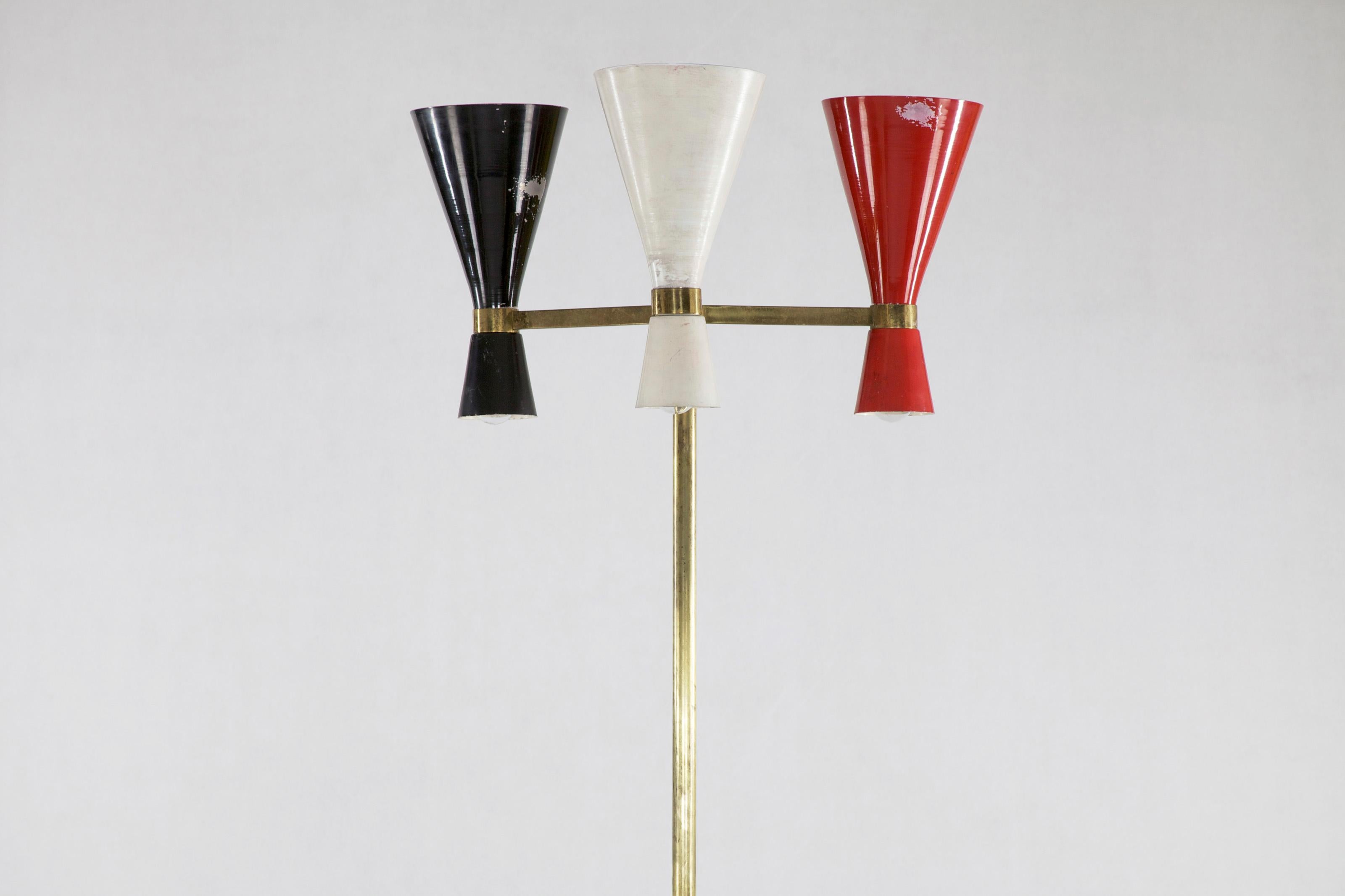 Mid-20th Century Italian Floor Lamp with Red White Black Colored Metal Shades, Marble Base, 1950s For Sale
