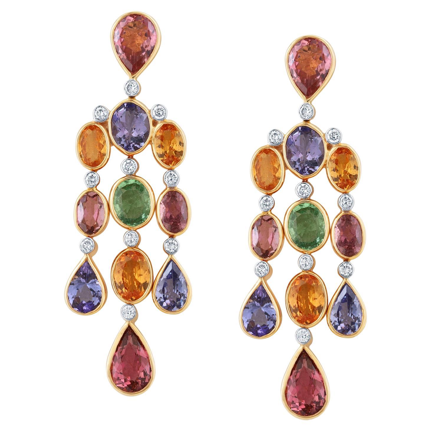 Multicut Tourmaline and Diamond Earring in 18kt Yellow Gold
