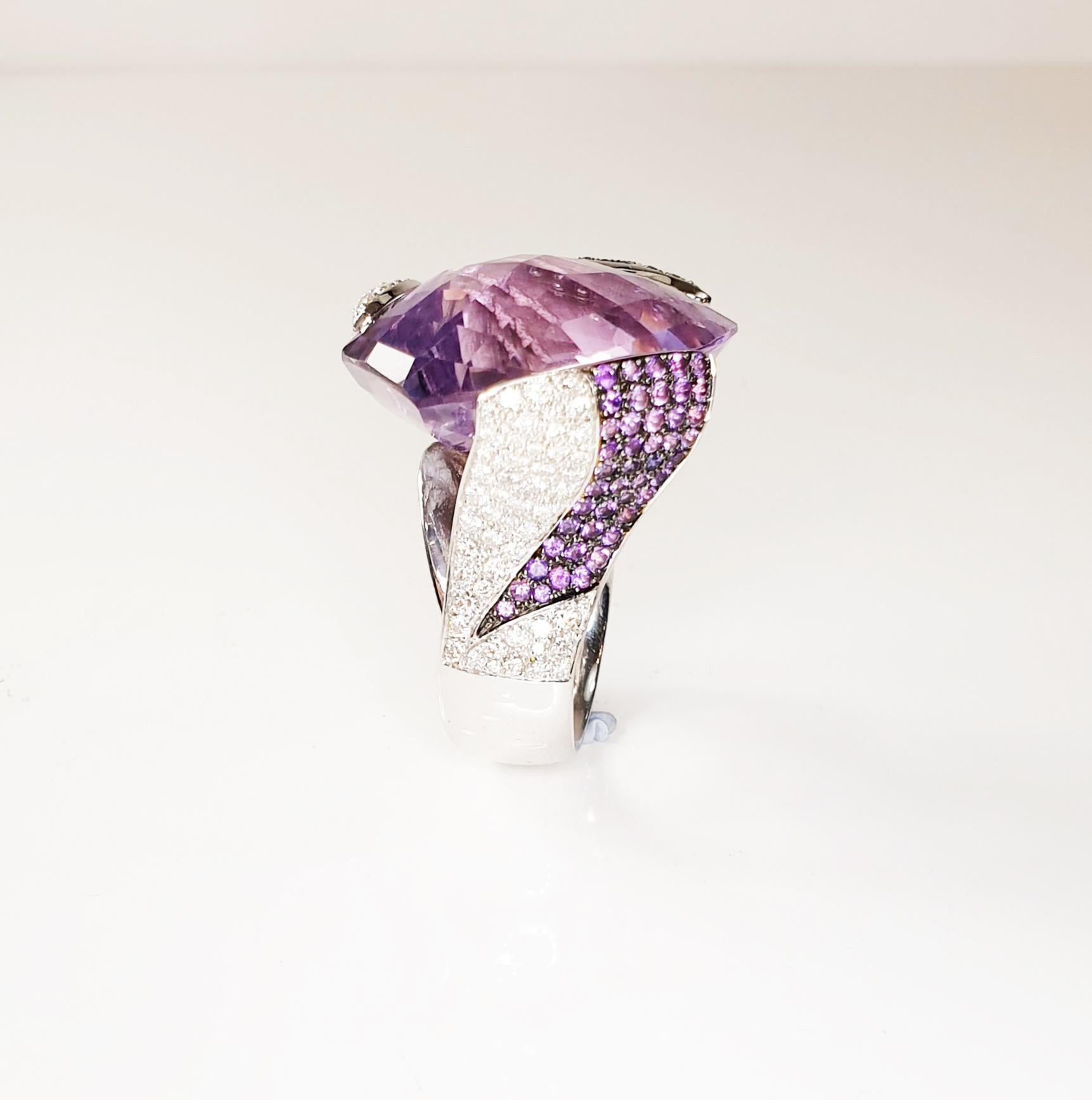 Multifaceted 32ct amethyst with Diamonds and 18k white gold ring 
Irama Pradera is a vdynamic and outgoing designer from Spain that searches always for the best gems and combines classic with contemporary mounting and styles. 
Amethyst is a natural