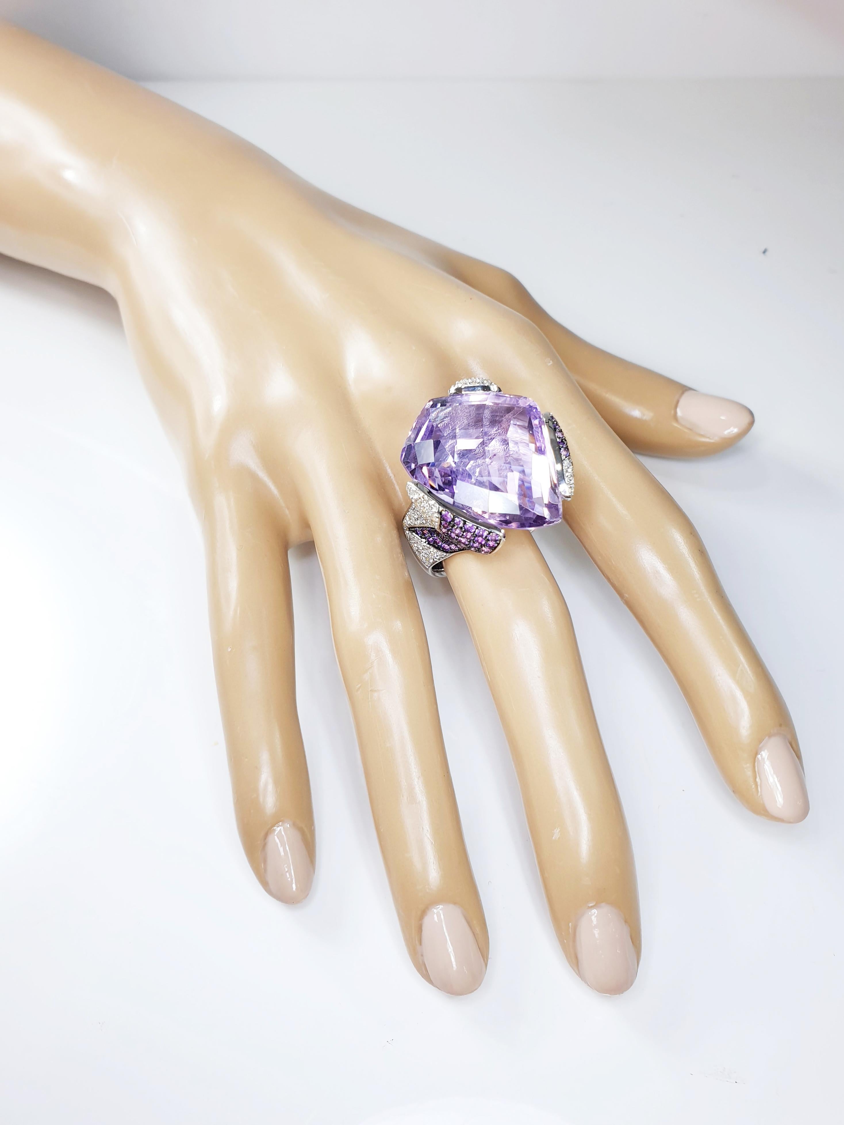 Hexagon Cut Multifaceted 32 Carat Amethyst with Diamonds and 18 Karat White Gold Ring For Sale
