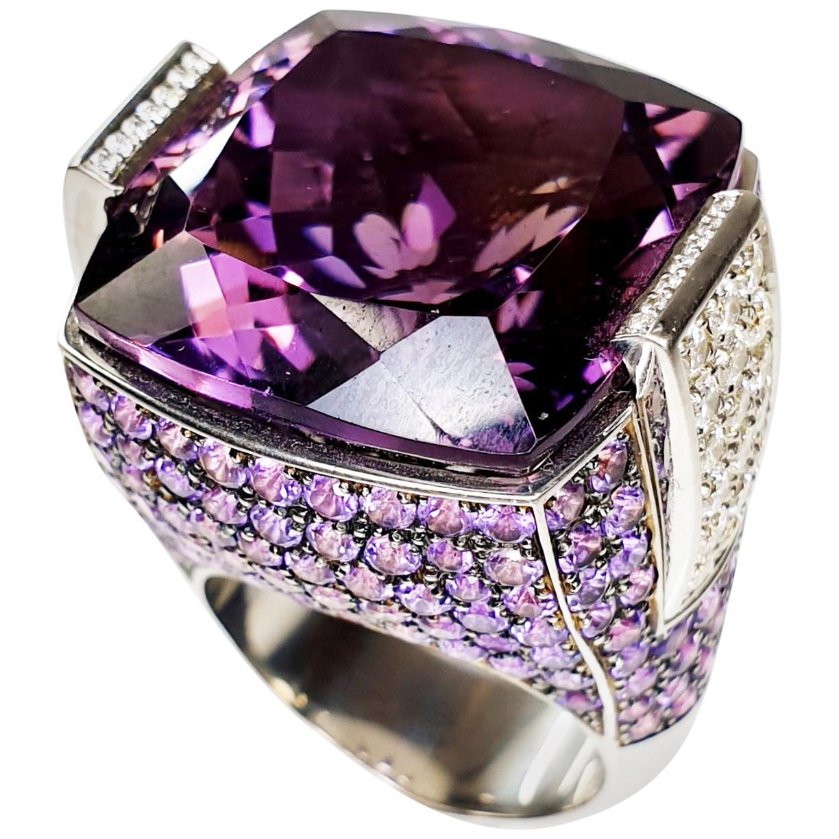 Multifaceted 35 Carat Amethyst with Diamonds and 18 Karat White Gold Ring