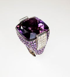 Multifaceted 35 Carat Amethyst with Diamonds and 18 Karat White Gold Ring