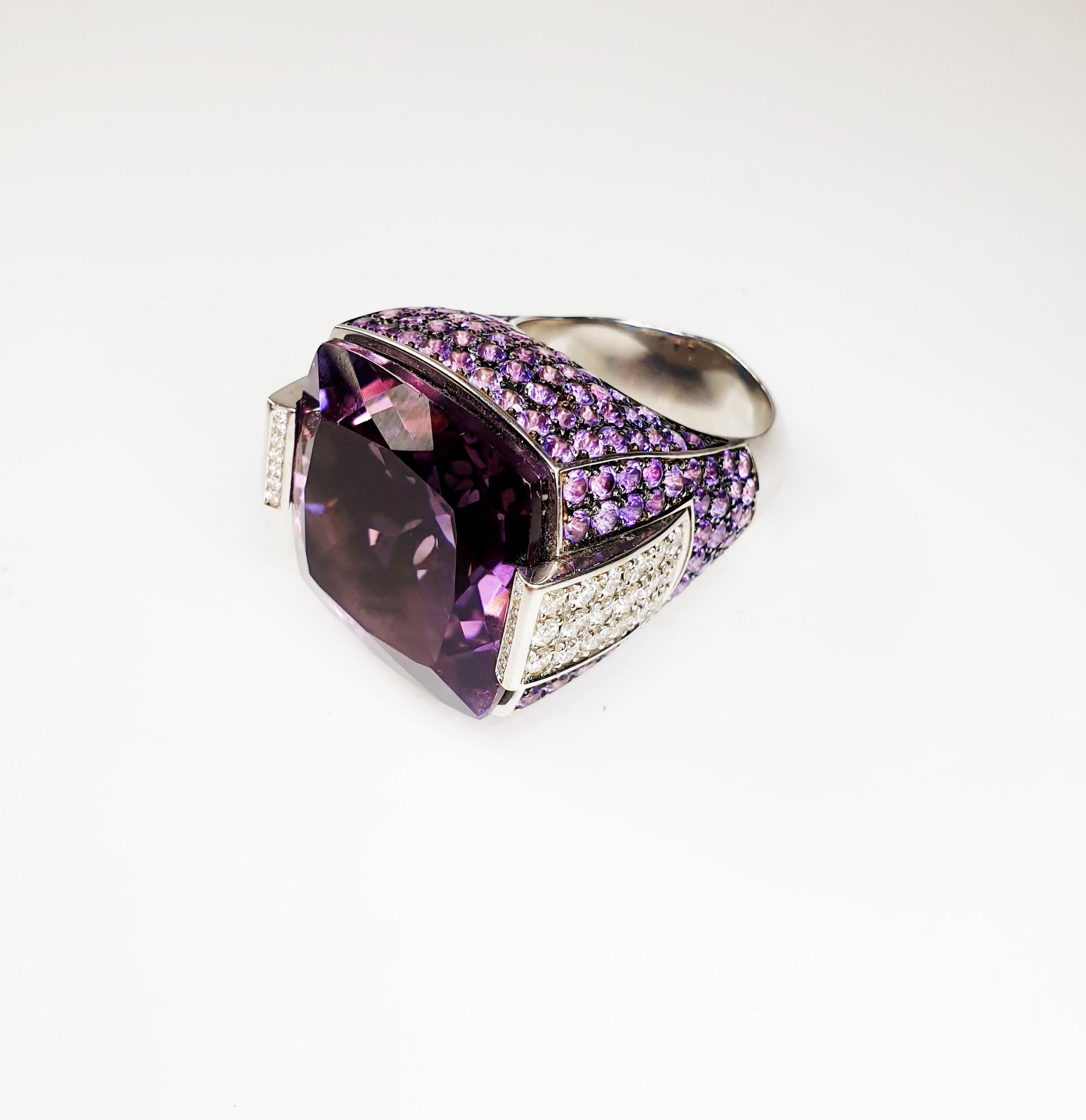 Contemporary Multifaceted 35 Carat Amethyst with Diamonds and 18 Karat White Gold Ring