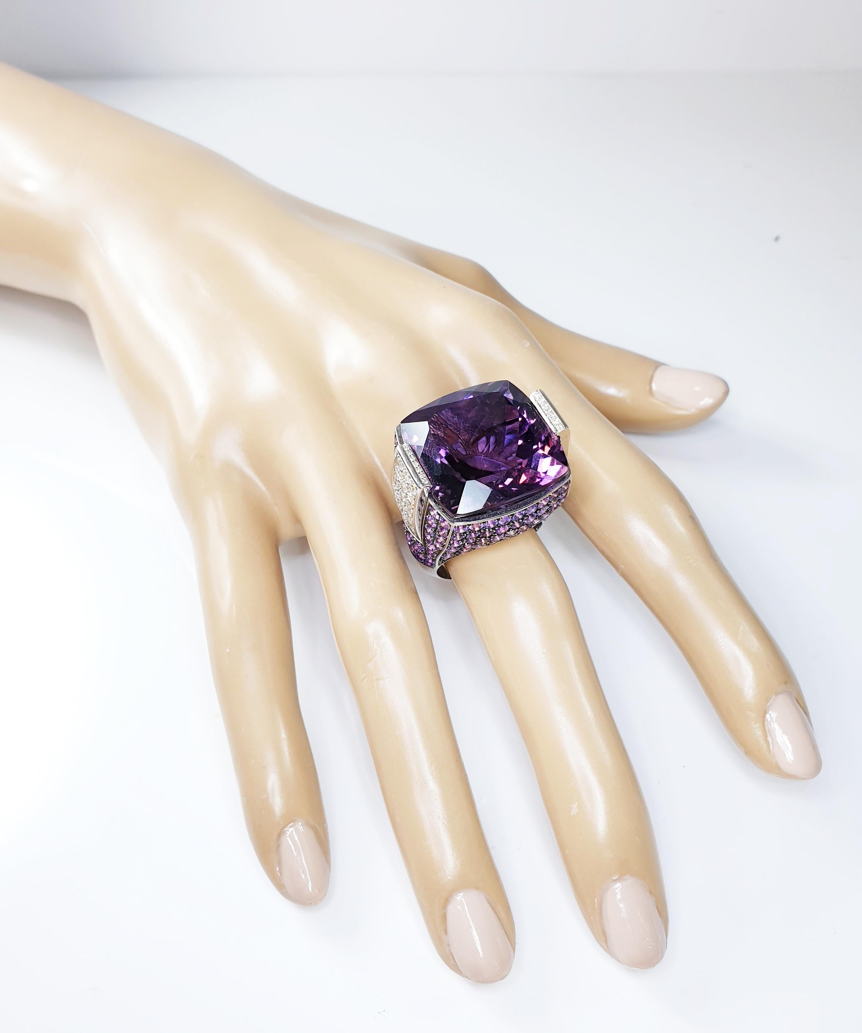 Princess Cut Multifaceted 35 Carat Amethyst with Diamonds and 18 Karat White Gold Ring