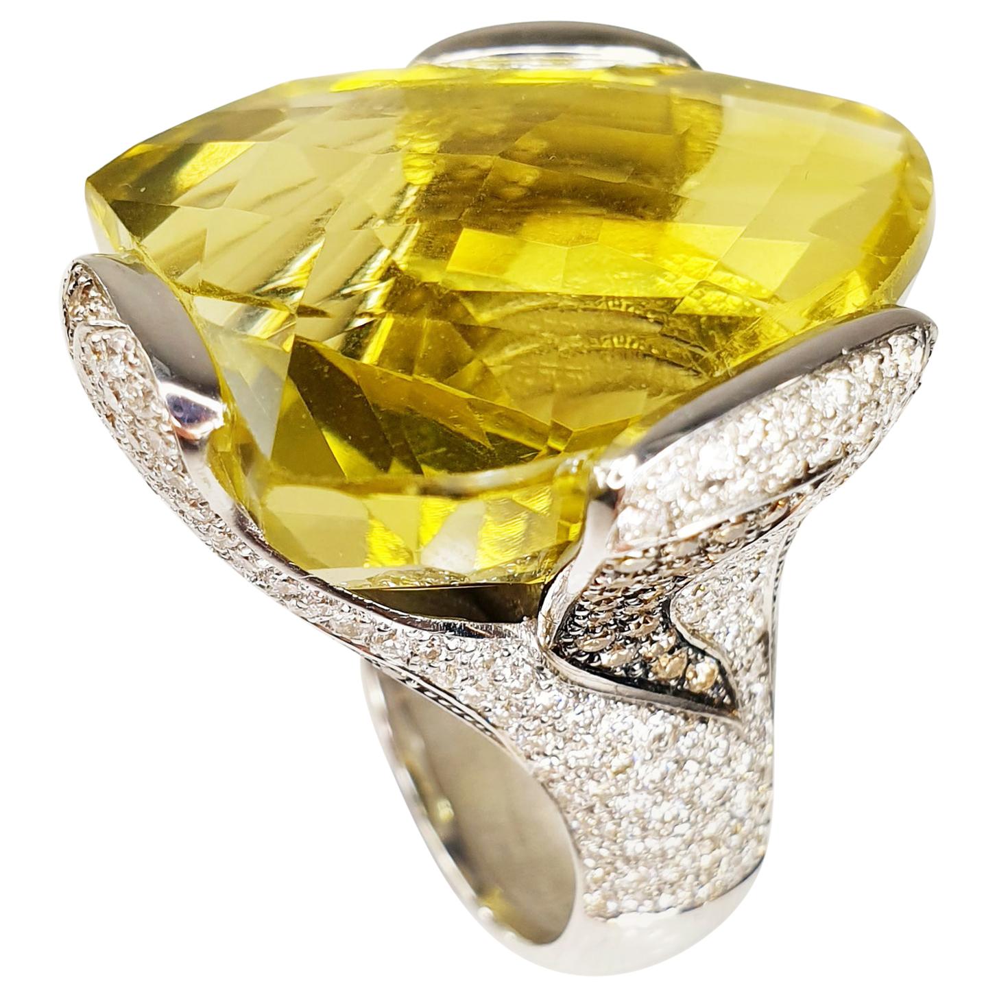 Multifaceted 51 Carat Citrine Quartz with Diamonds and 18 Karat White Gold Ring For Sale