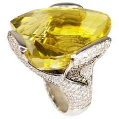Multifaceted 51 Carat Citrine Quartz with Diamonds and 18 Karat White Gold Ring