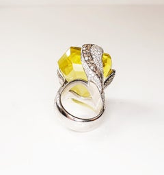 Multifaceted 51 Carat Citrine Quartz with Diamonds and 18 Karat White Gold Ring