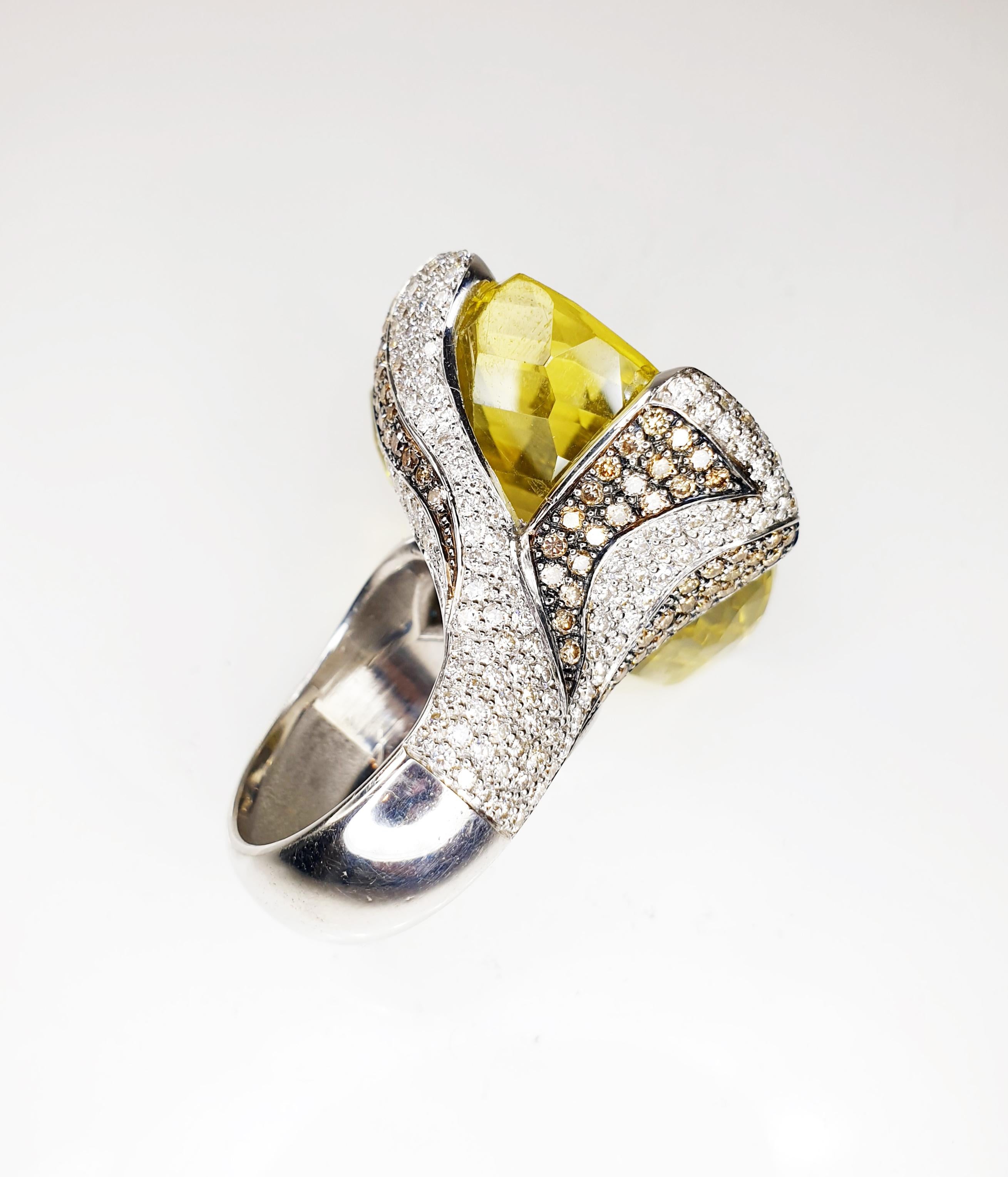 Contemporary Multifaceted 51 Carat Citrine Quartz with Diamonds and 18 Karat White Gold Ring For Sale