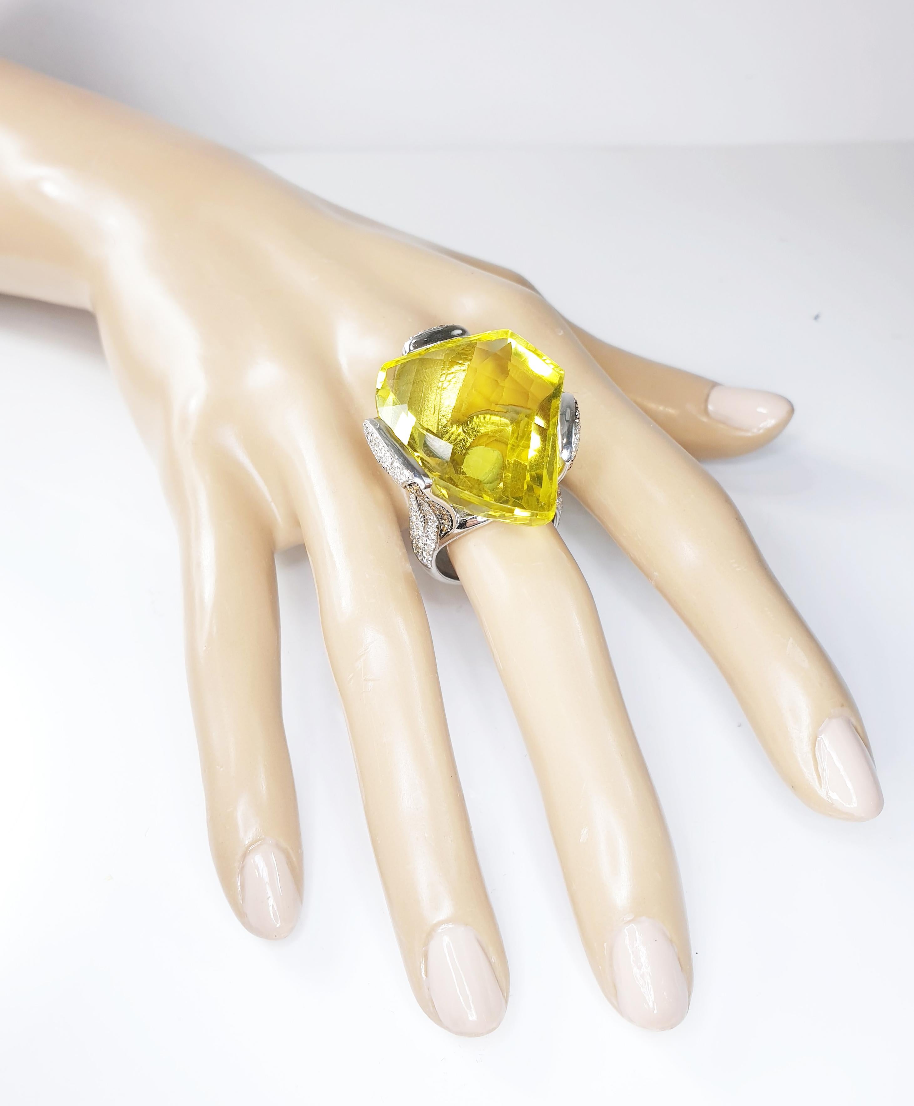 Women's Multifaceted 51 Carat Citrine Quartz with Diamonds and 18 Karat White Gold Ring For Sale