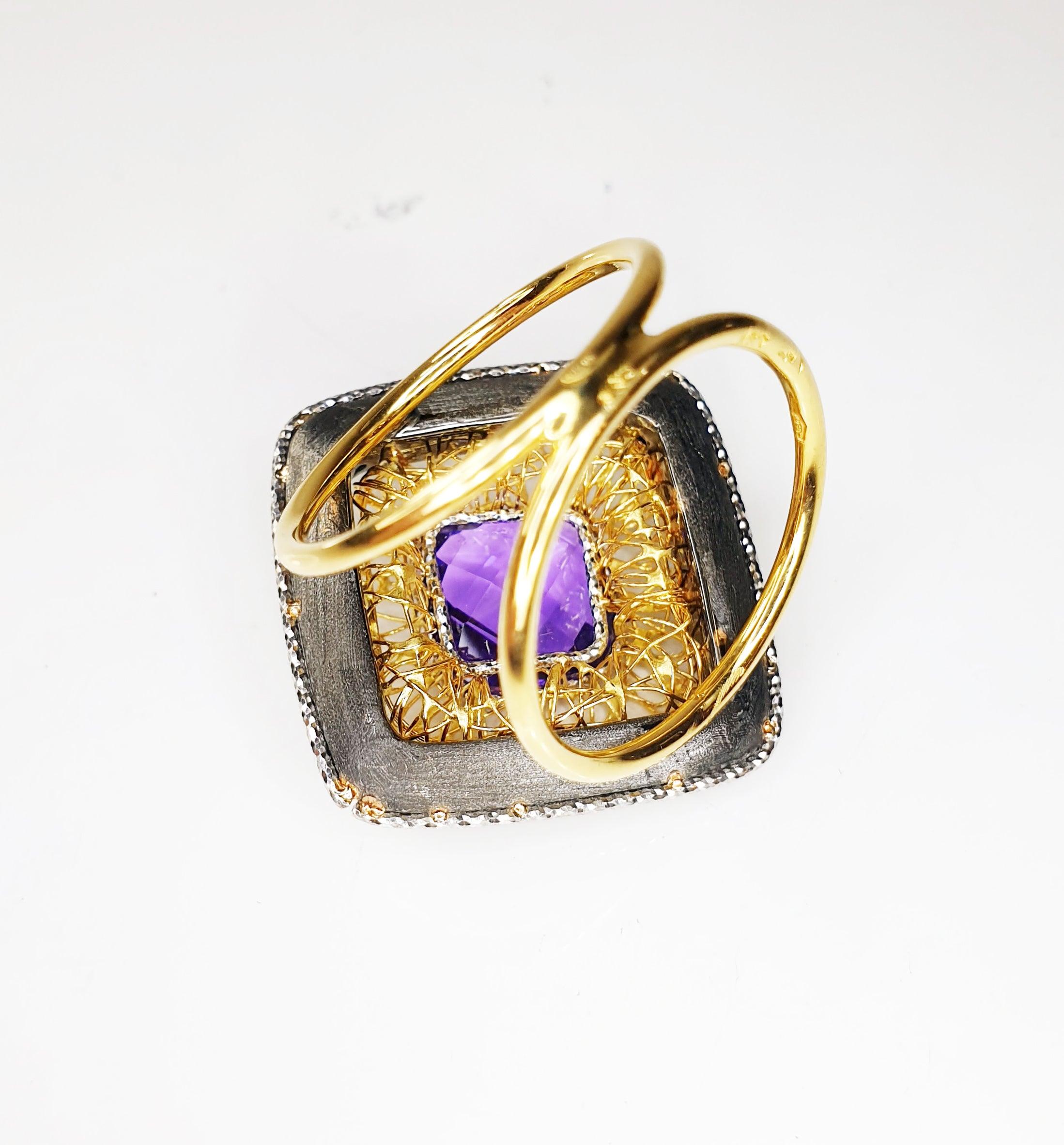 For Sale:  Multifaceted Amethyst in Titatium and 18 Karat White and Yellow Gold Ring 4