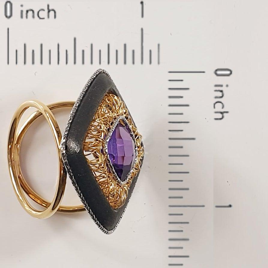 For Sale:  Multifaceted Amethyst in Titatium and 18 Karat White and Yellow Gold Ring 6