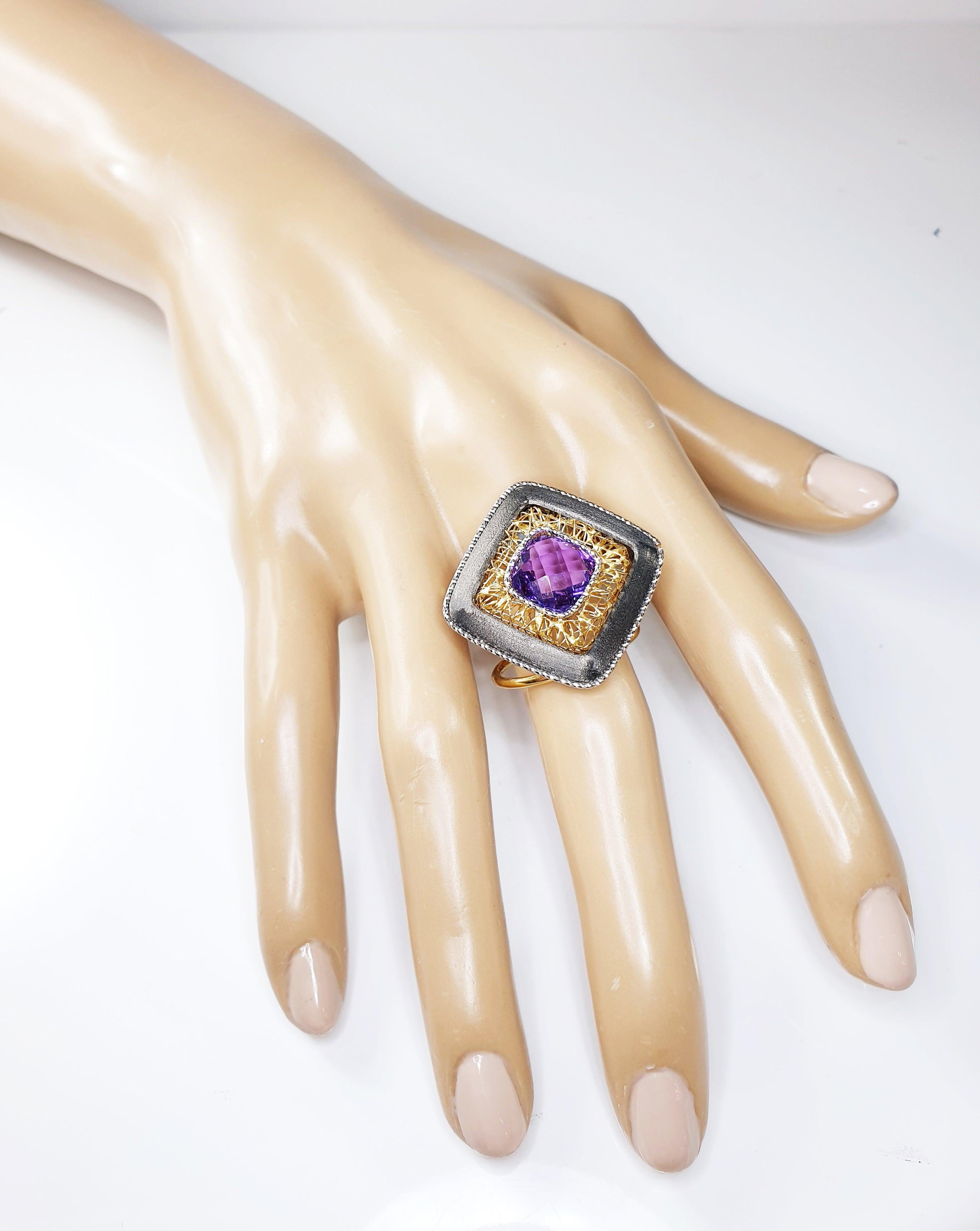 For Sale:  Multifaceted Amethyst in Titatium and 18 Karat White and Yellow Gold Ring 7