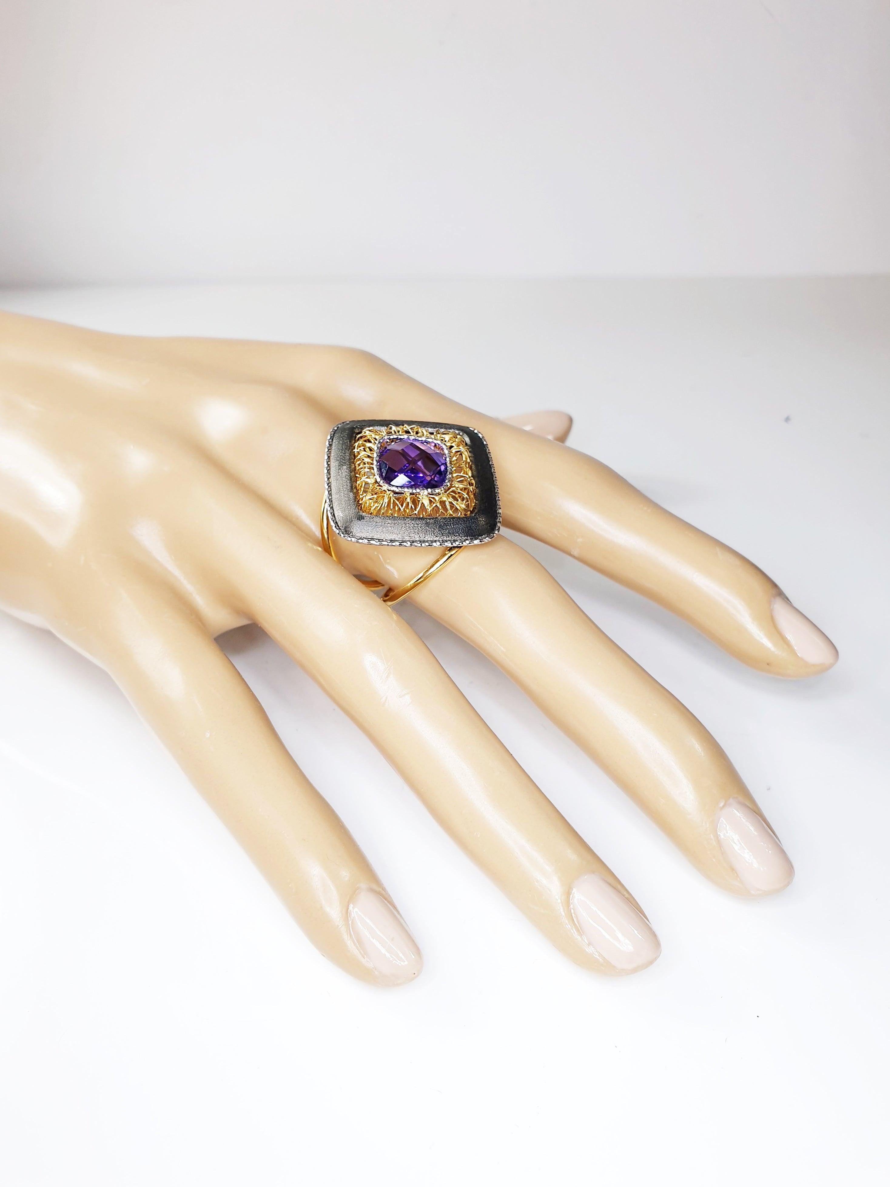 For Sale:  Multifaceted Amethyst in Titatium and 18 Karat White and Yellow Gold Ring 8
