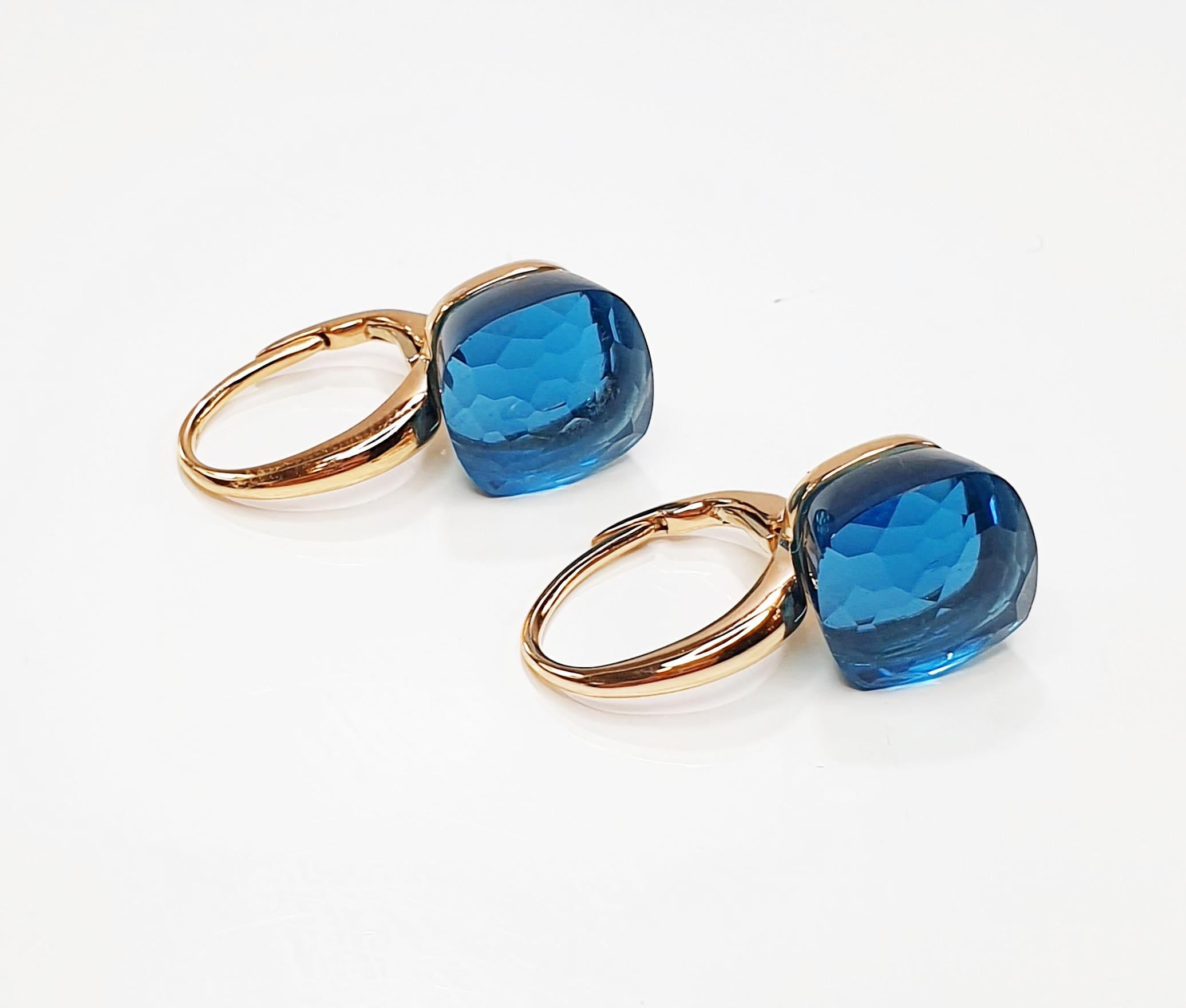 Women's Multifaceted Nudo Blue London Topaz in  18k Gold Dangle Earrings For Sale